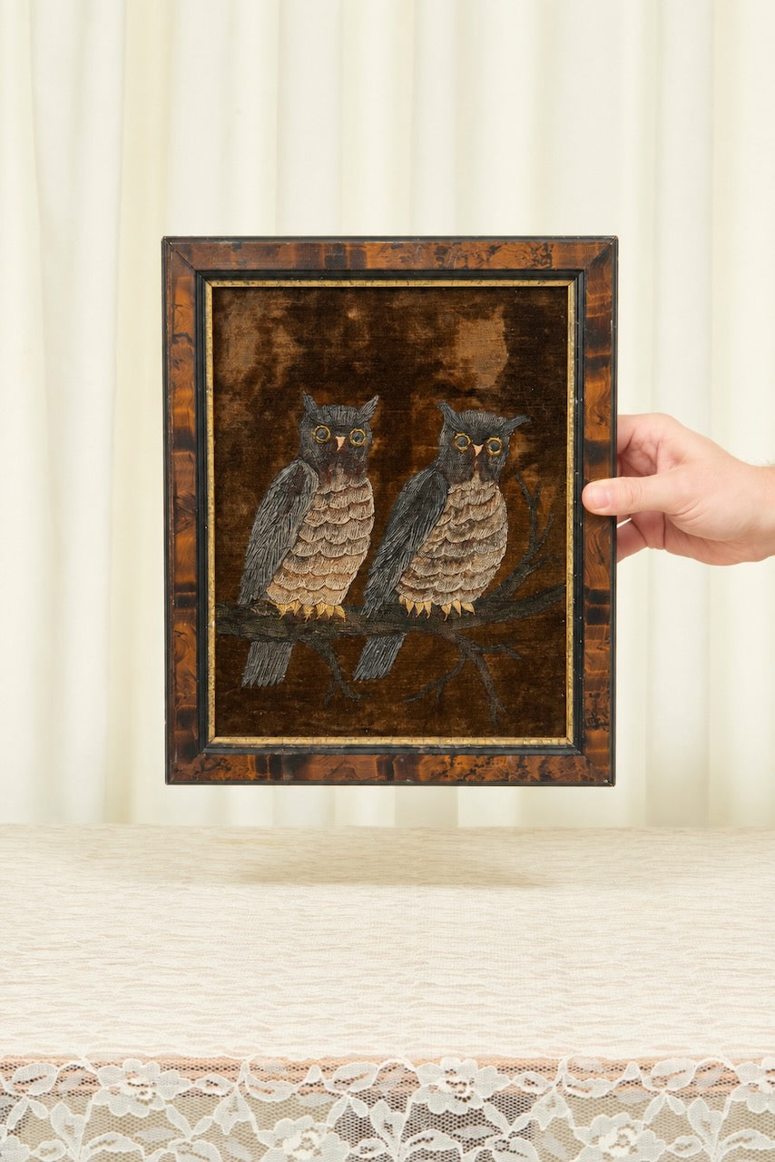Antique Velvet Victorian Owl Painting