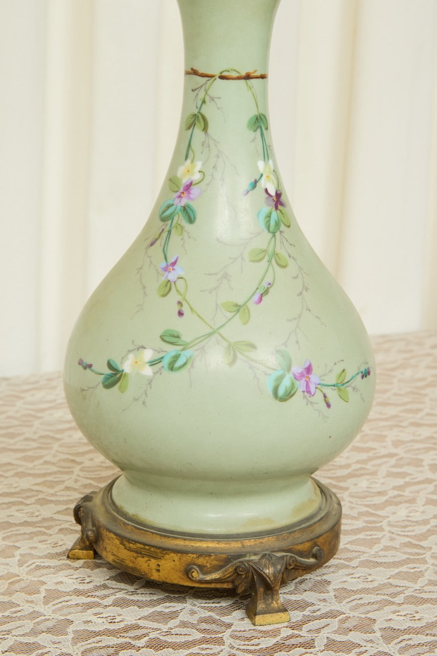 Antique Painted Floral Lamp w/ Shade