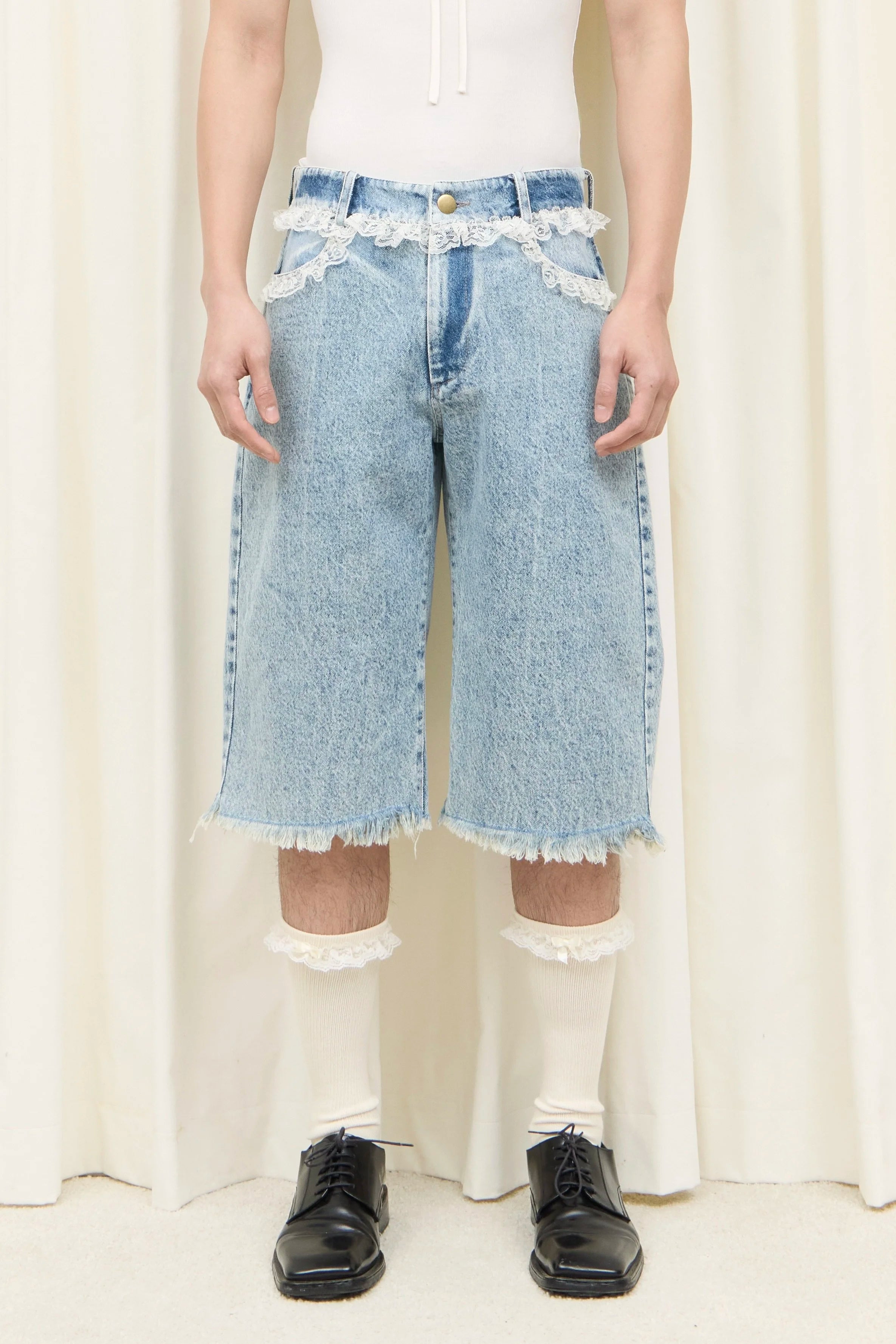 Sid Lace Trim Long Jean Shorts