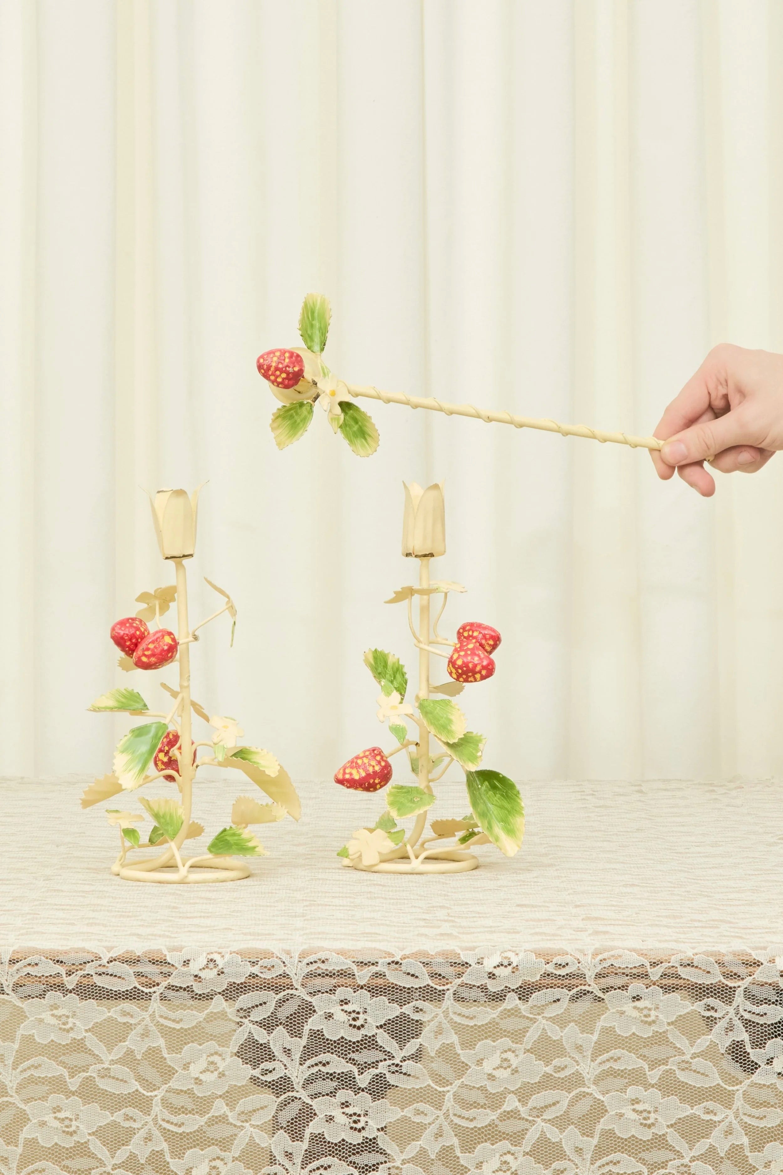 Vintage Metal Strawberry Candle Holders & Snuffer Set/3