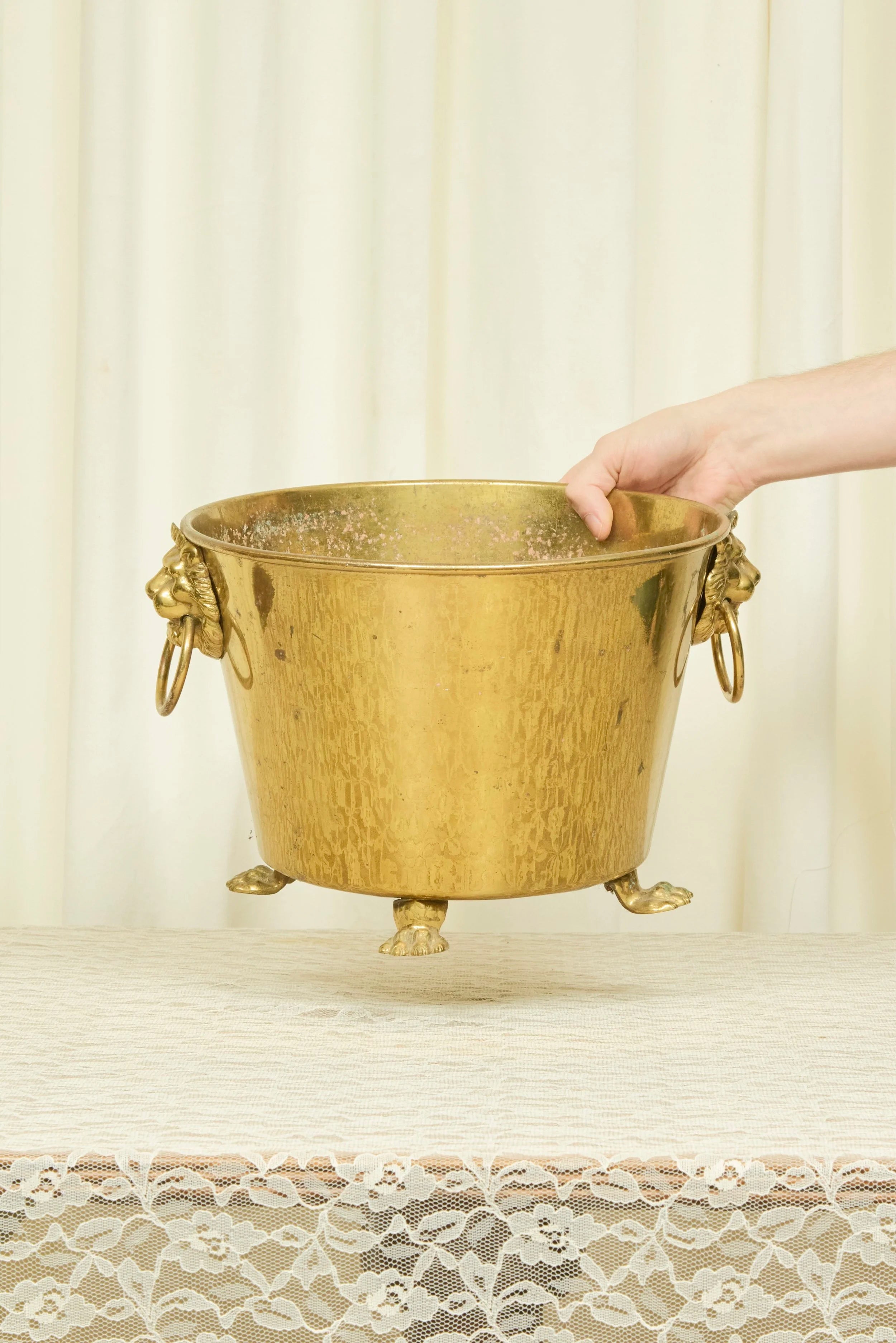 Vintage Brass Lion Head Footed Bucket/Planter