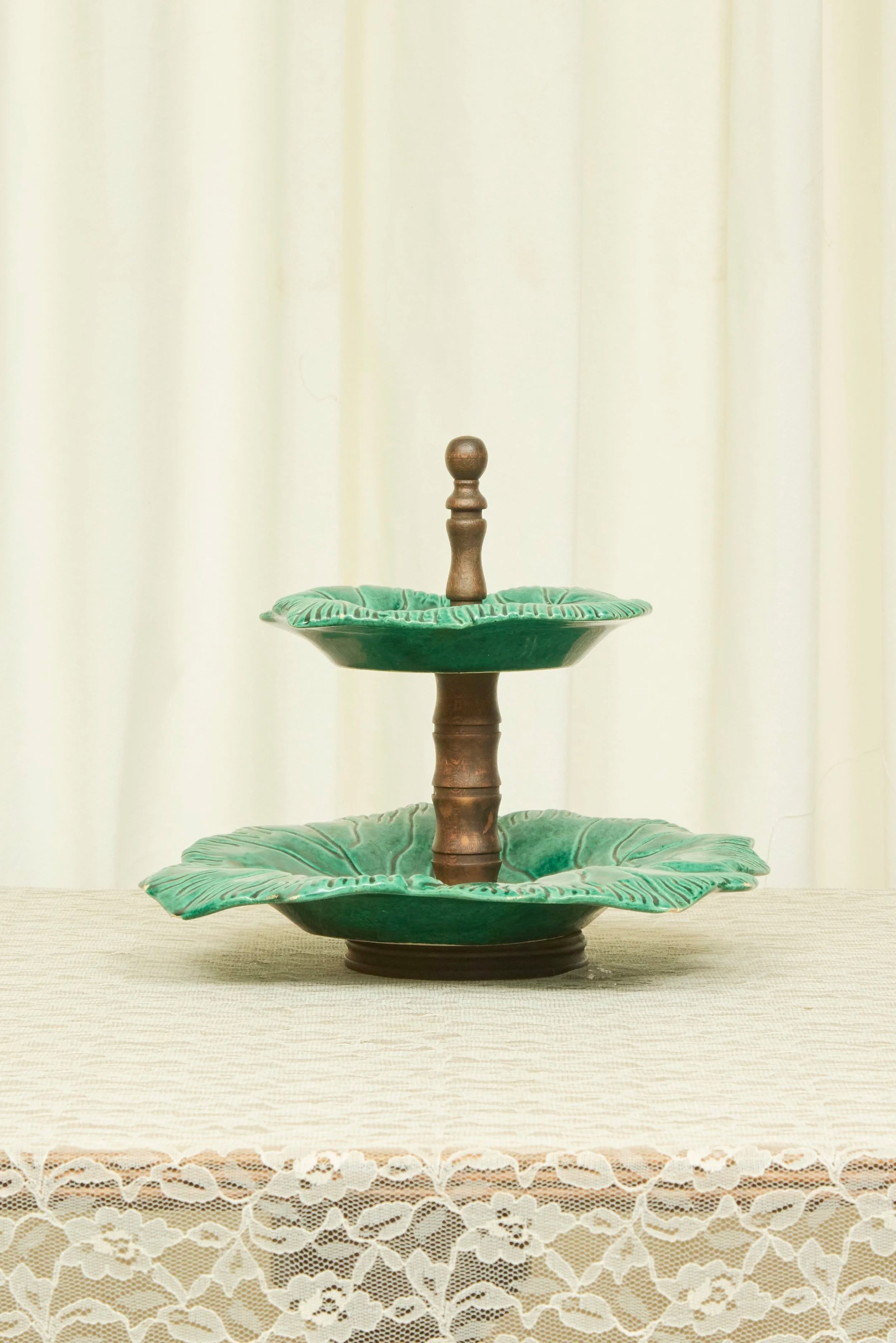 Vintage Majolica 2 Tier Cabbage Leaf Server