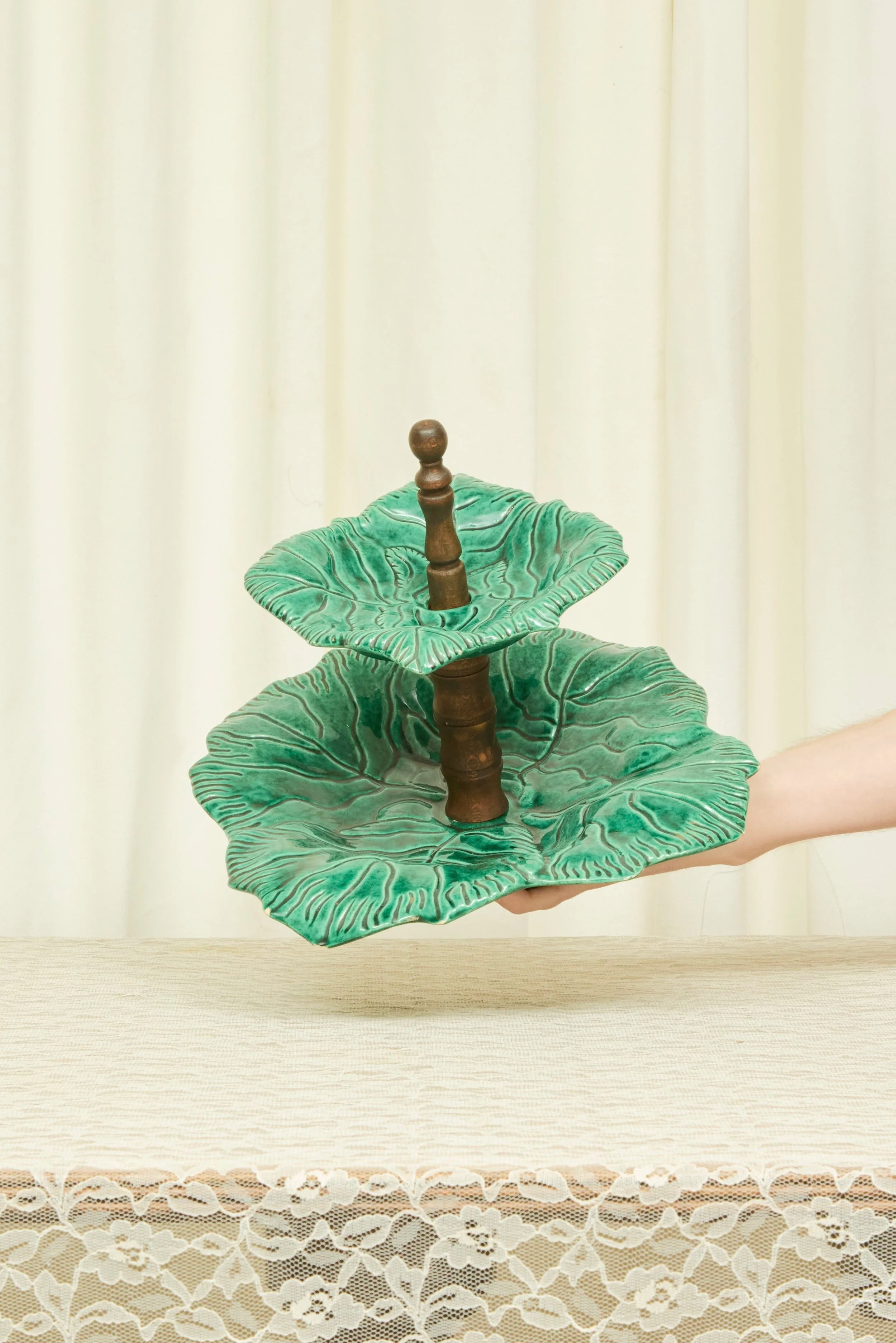 Vintage Majolica 2 Tier Cabbage Leaf Server