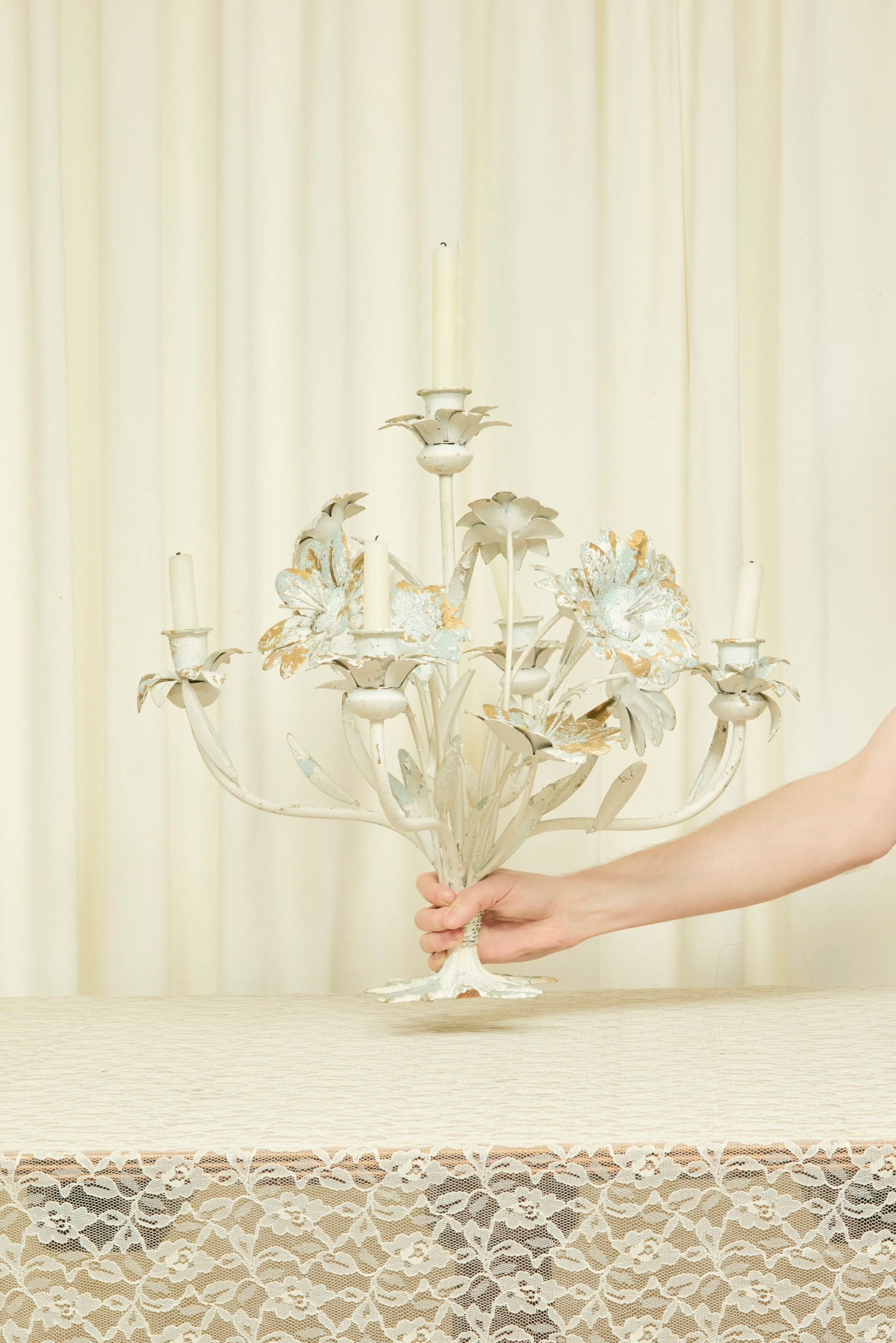 Vintage Chippy Floral 5 Arm Candelabra