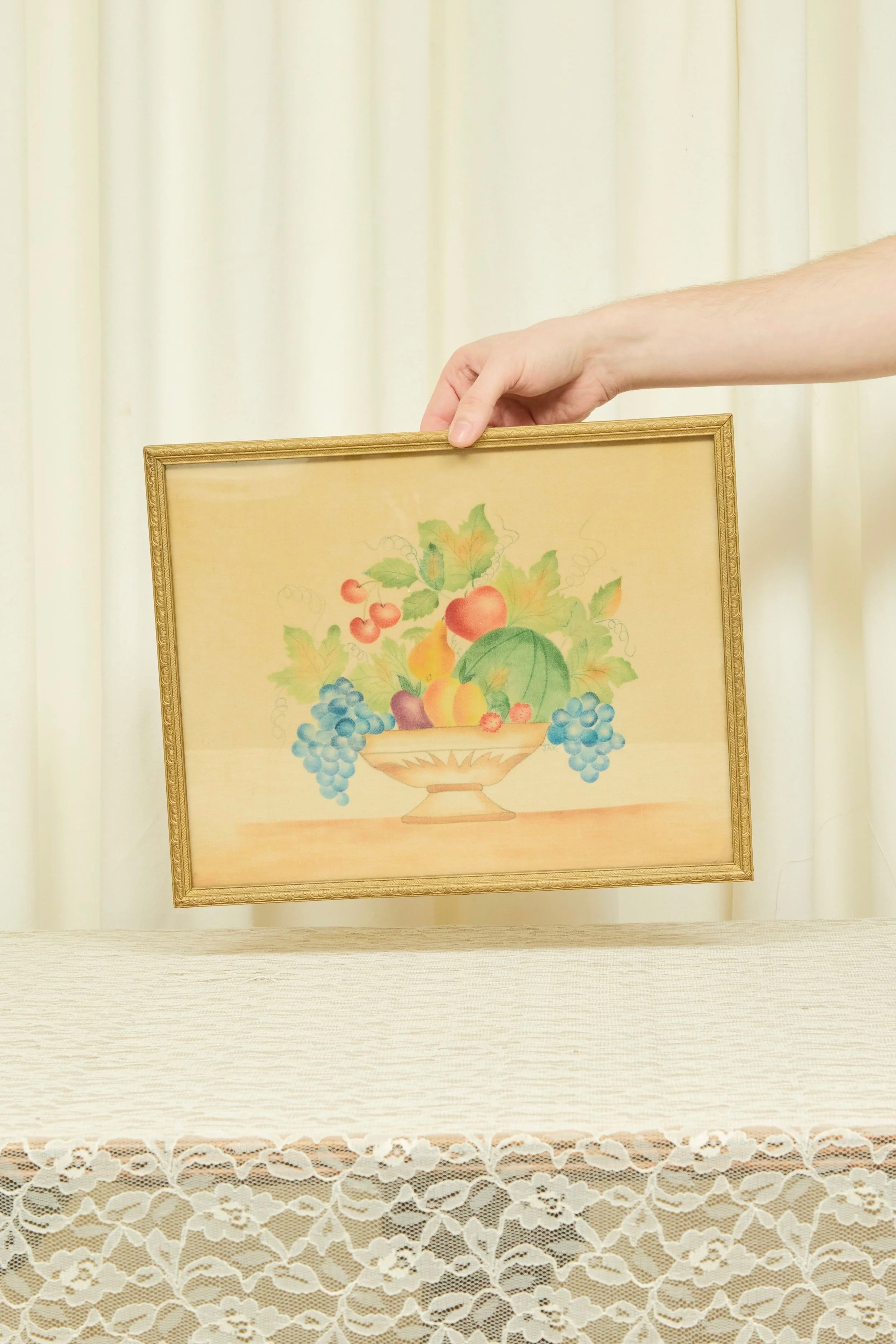 Vintage Framed Painted Velvet Fruit Scene (1968)