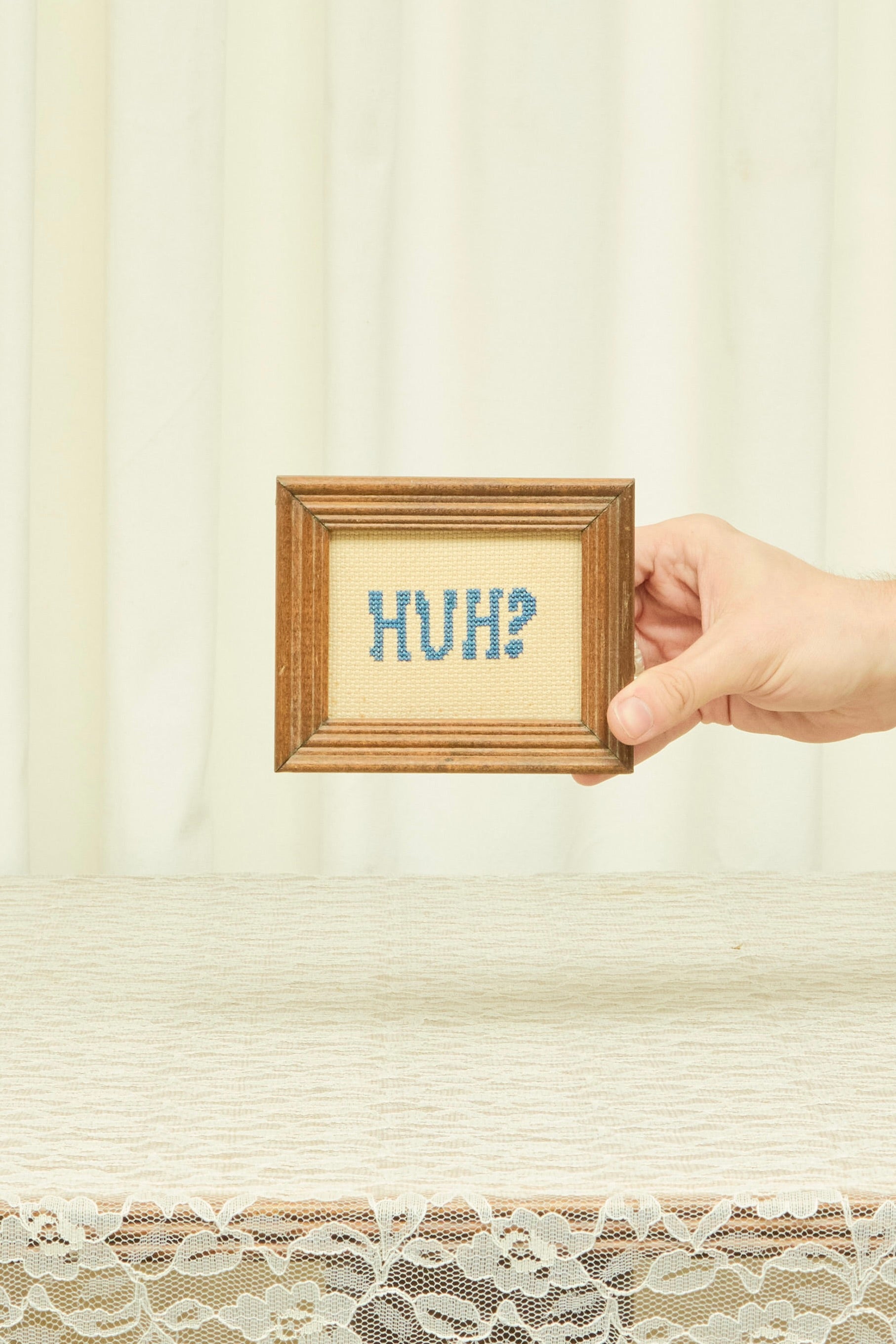 Vintage "Huh?" Mini Framed Needlepoint