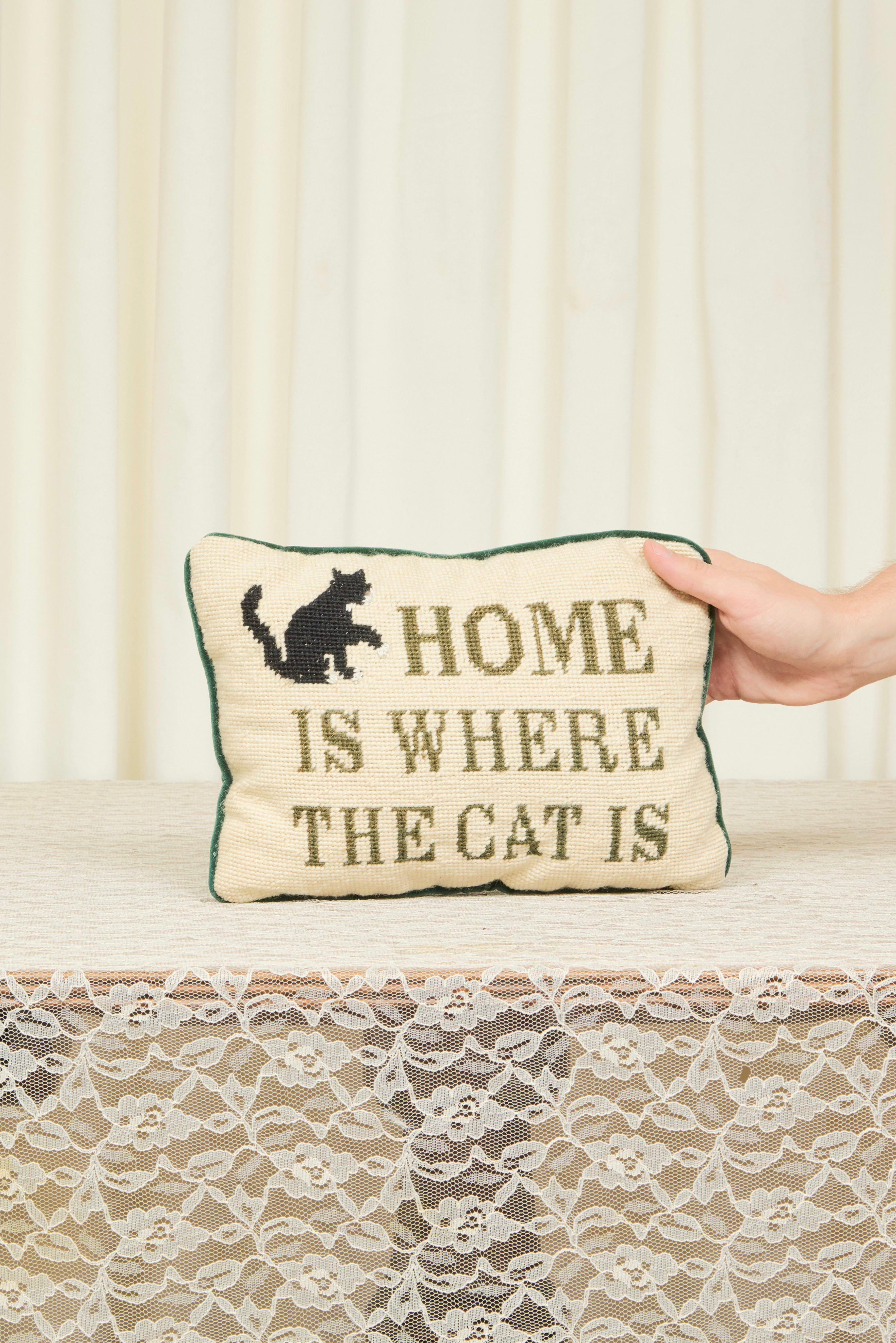 Vintage "Home is Where the Cat is" Needlepoint Pillow