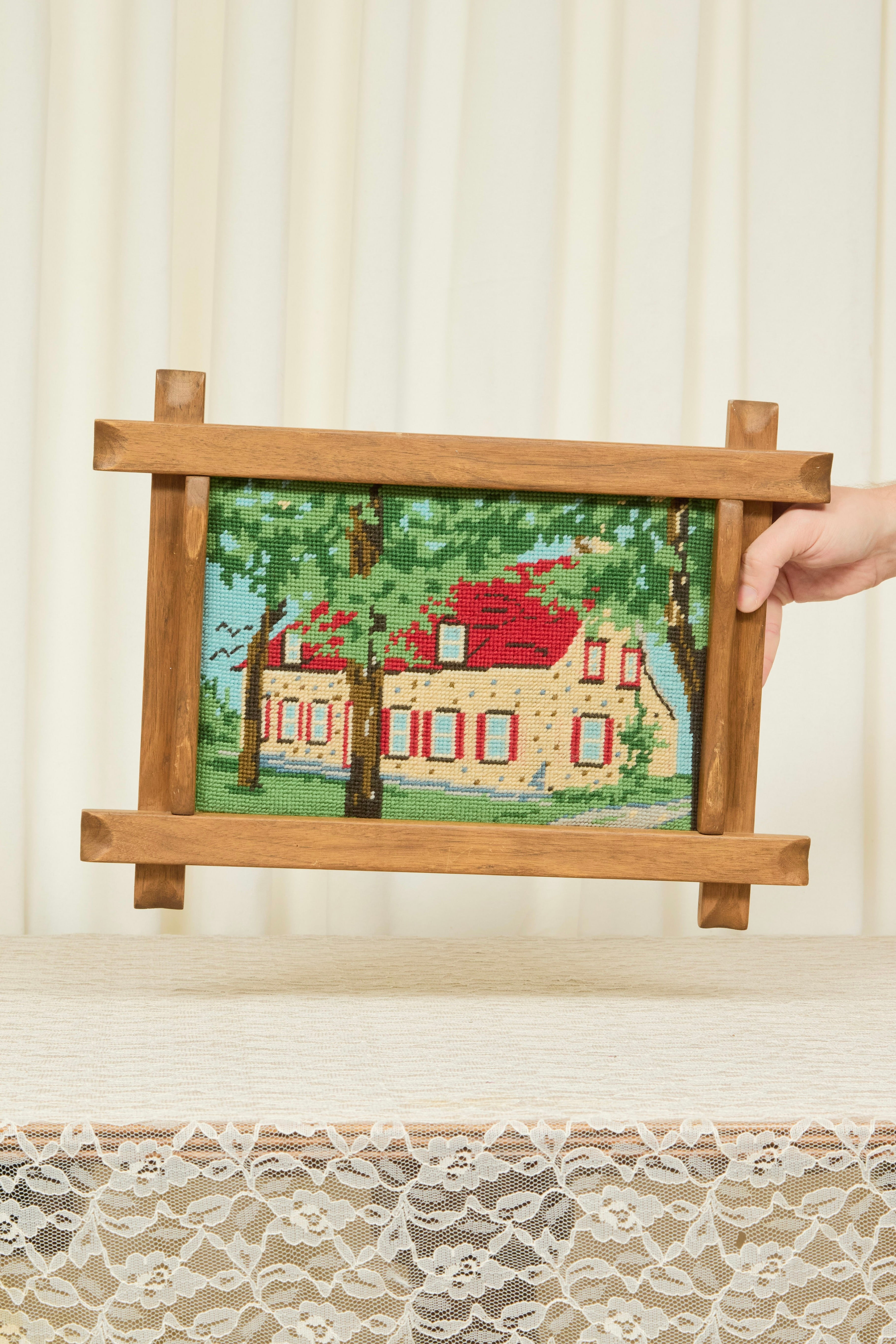 Vintage Framed House Needlepoint