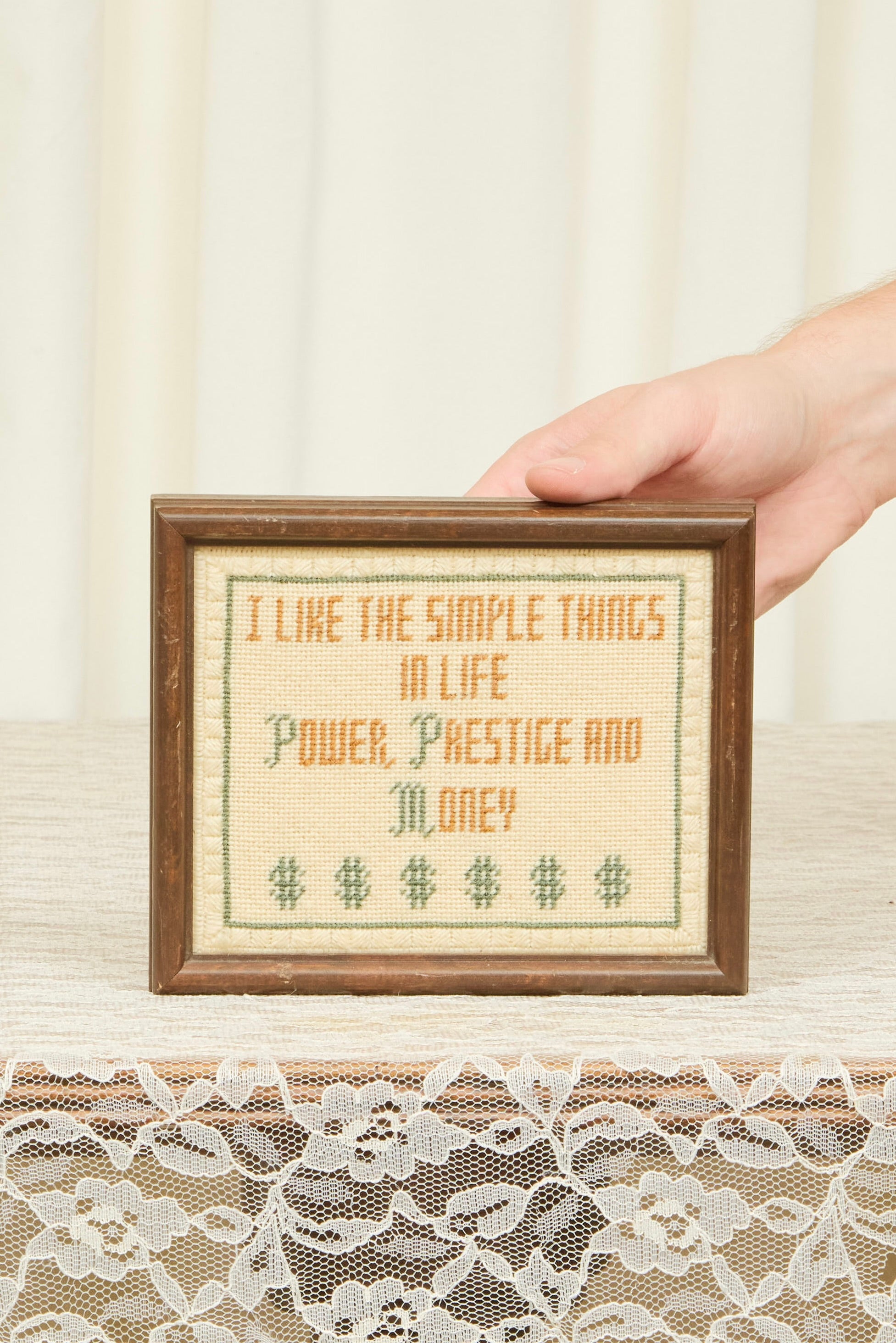Vintage "Power, Prestige, & Money Needlepoint