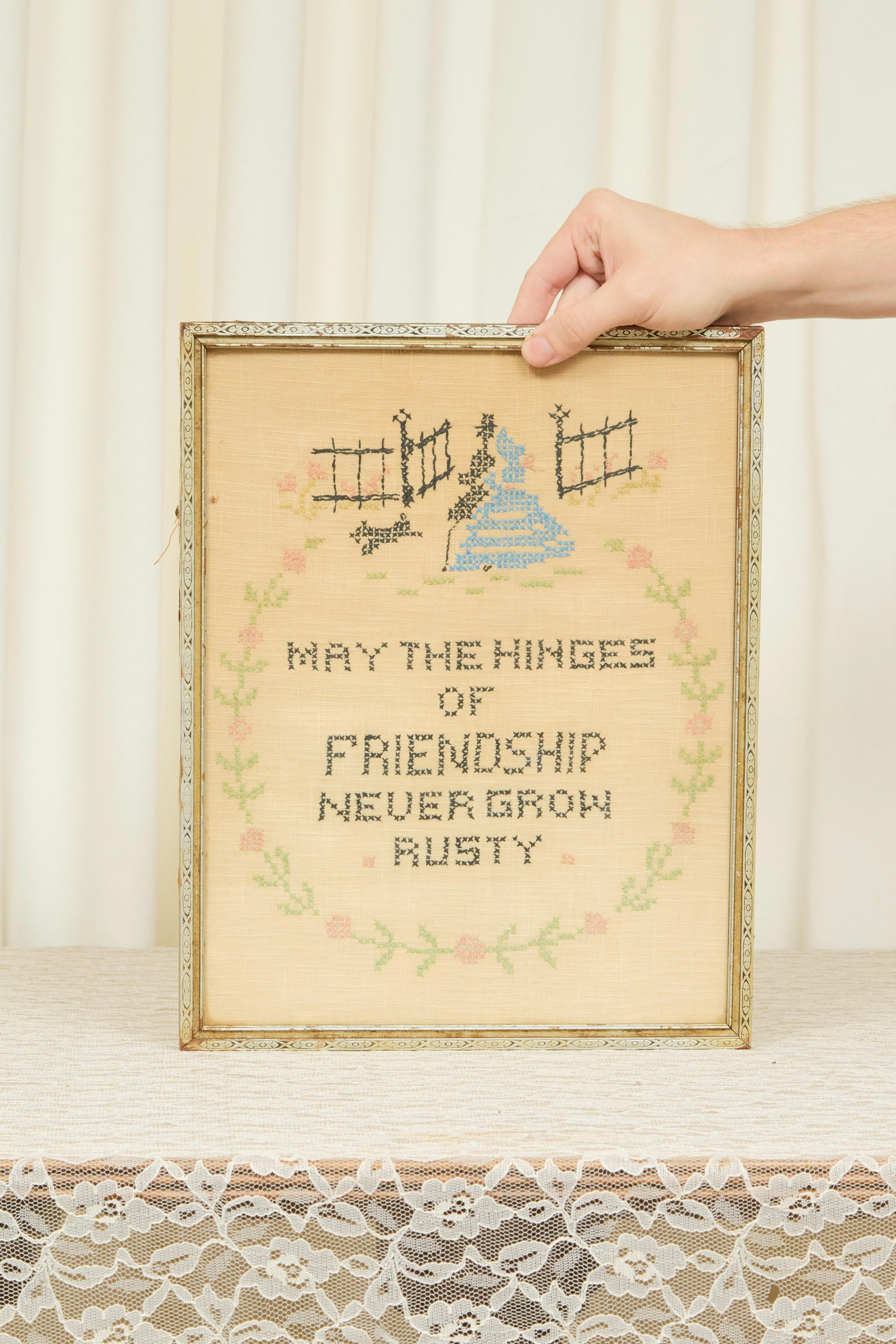 Vintage "Hinges of Friendship" Framed Cross Stitch