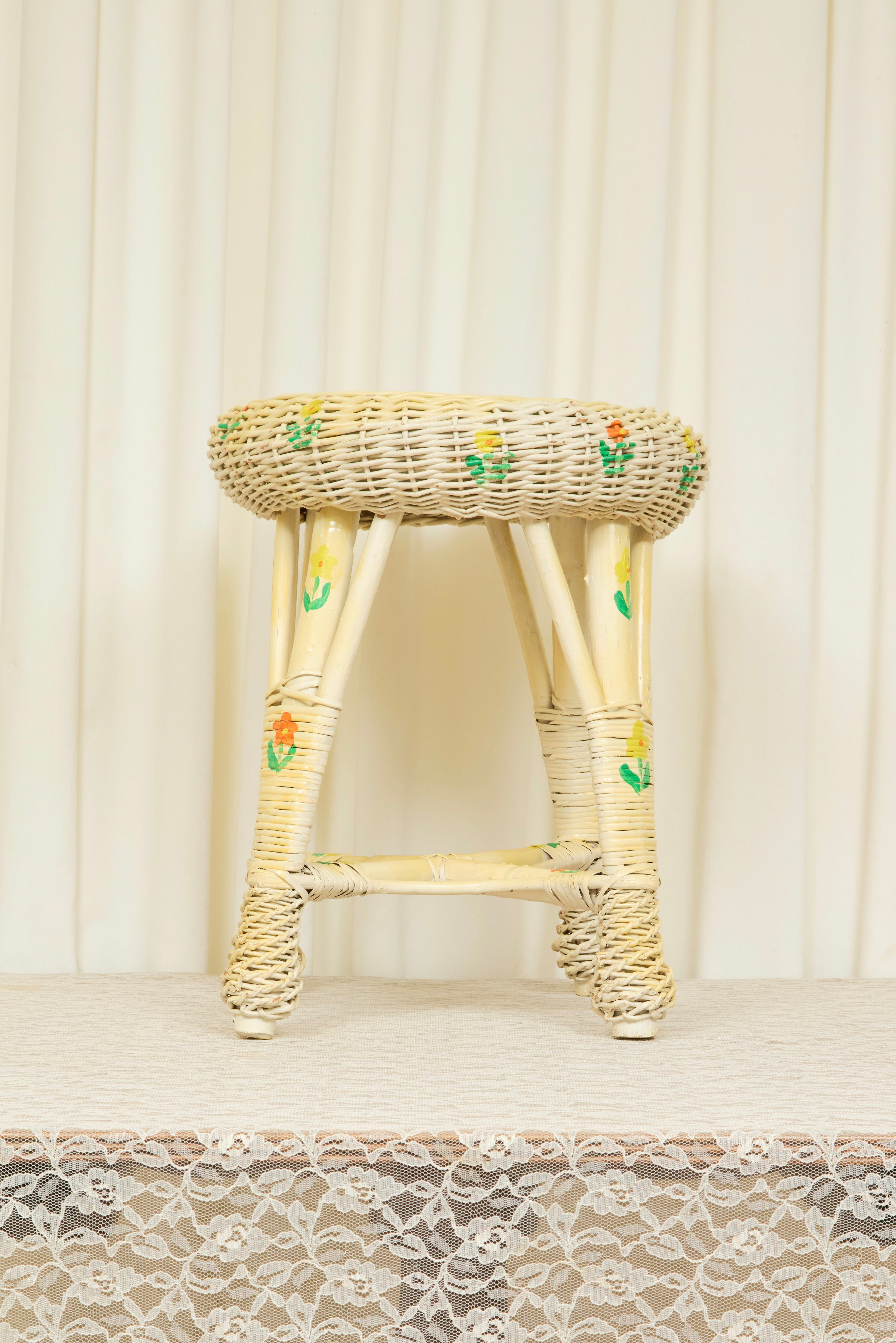 Vintage Floral Painted Wicker Stool