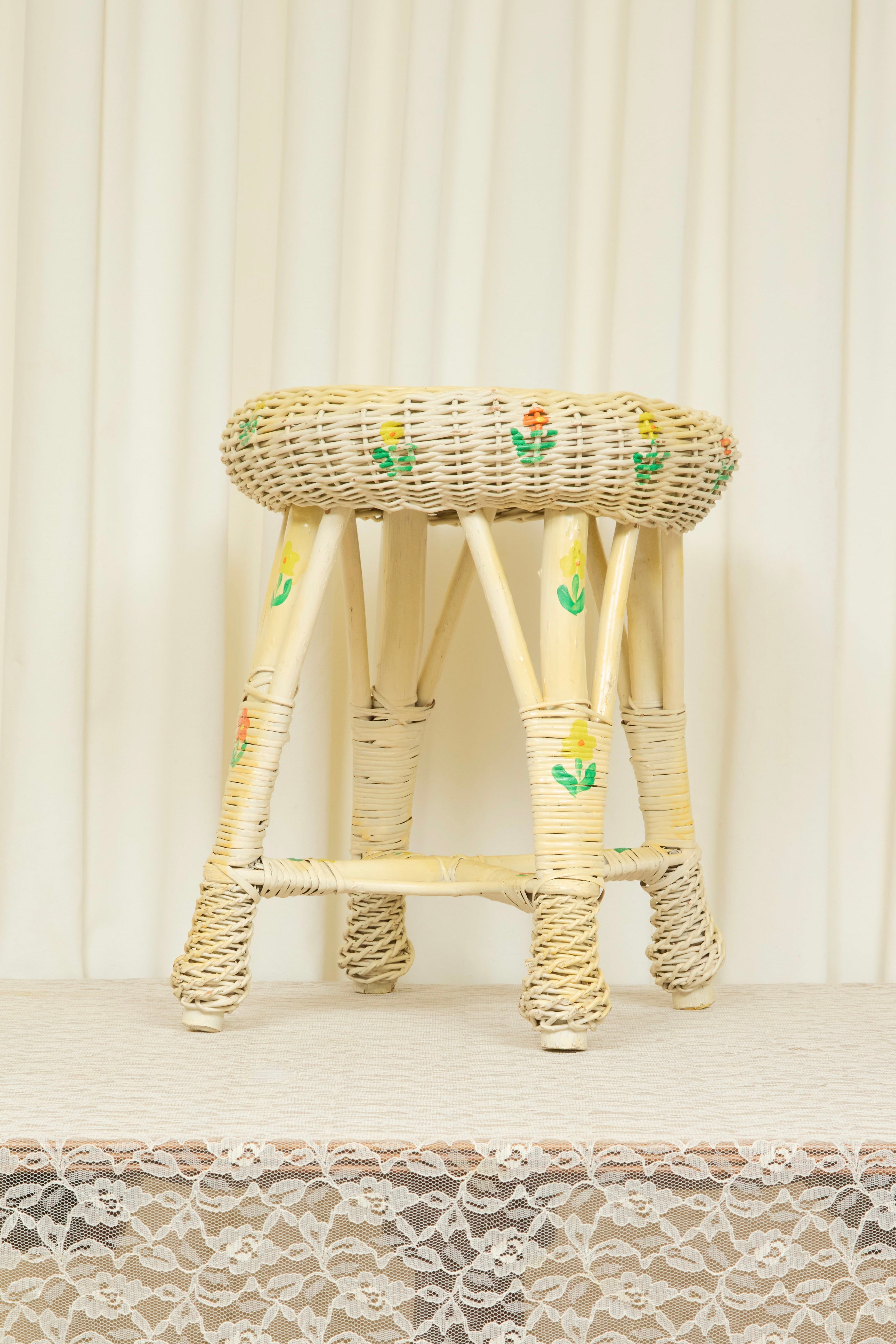 Vintage Floral Painted Wicker Stool