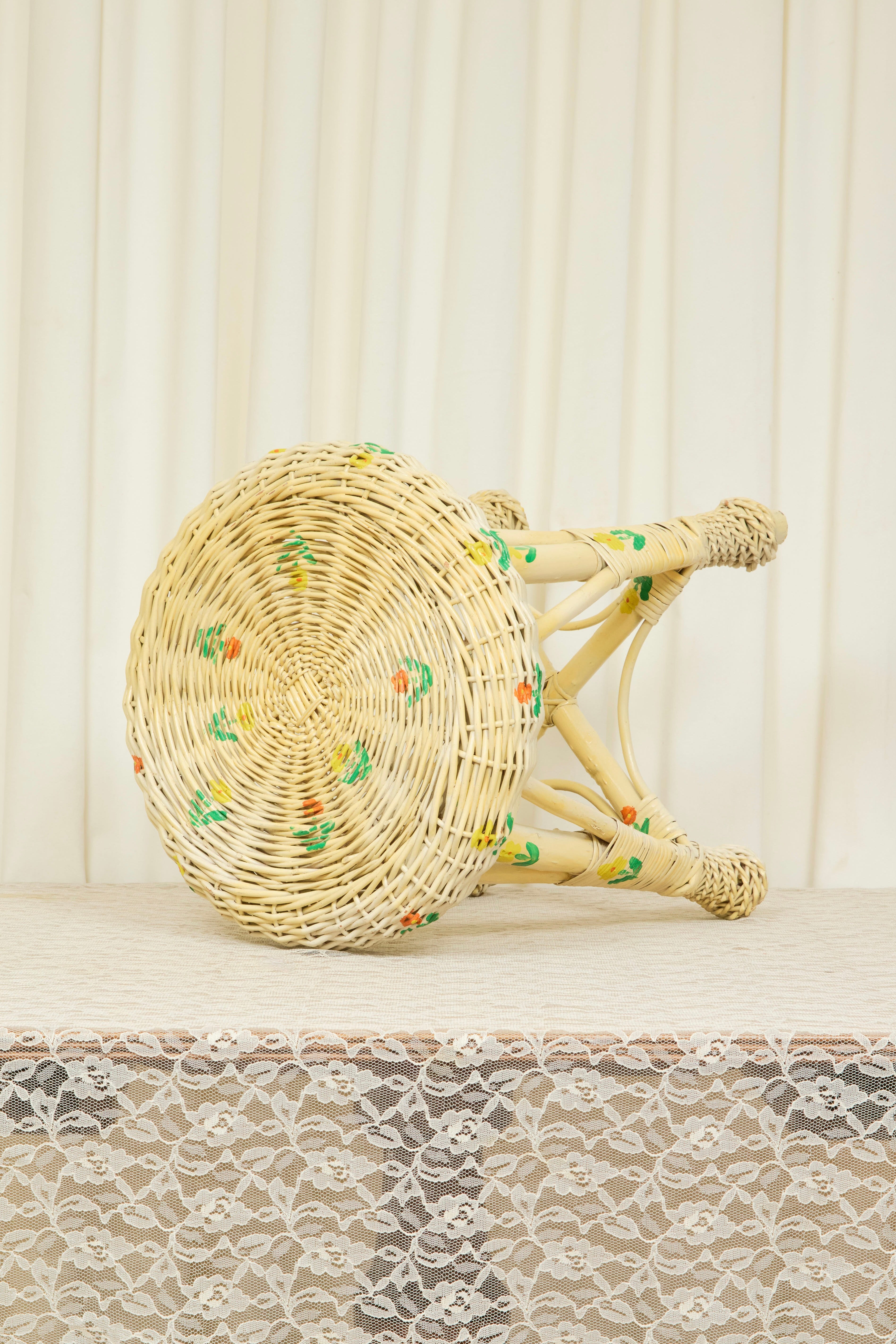 Vintage Floral Painted Wicker Stool