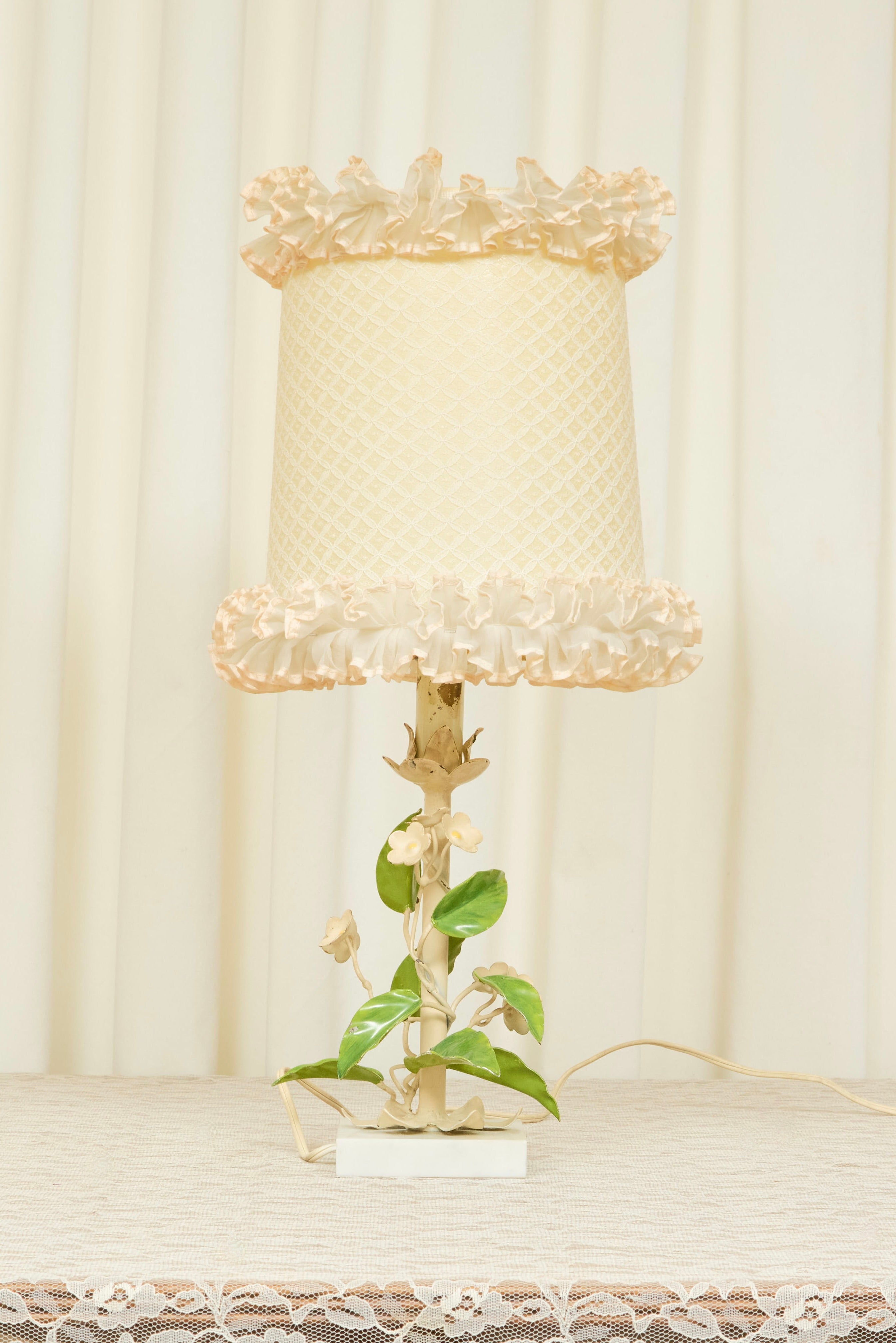 Vintage Metal Floral Lamp w/ Ruffle Shade