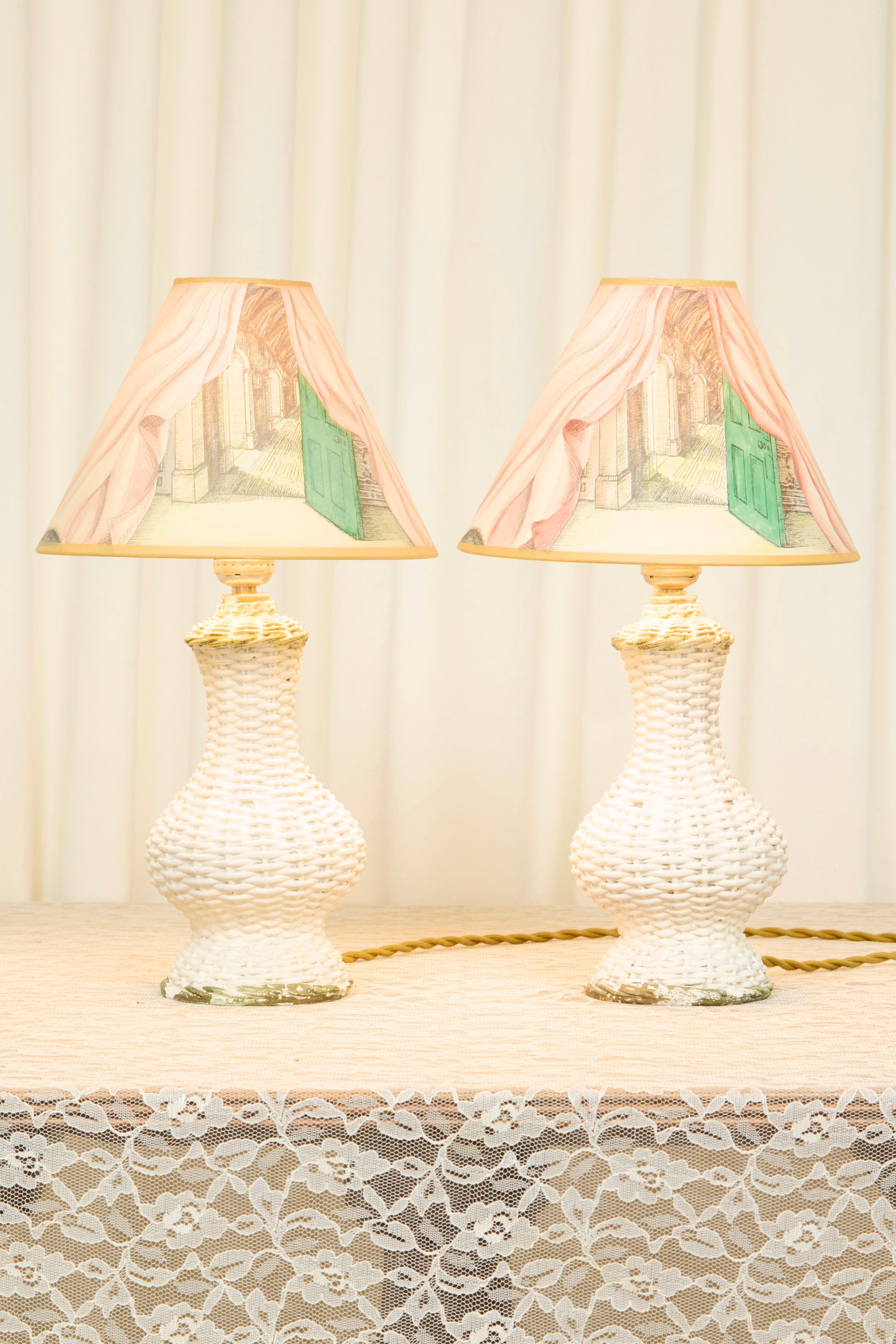 Vintage Plaster Wicker Lamp w/ Hand Painted Shade