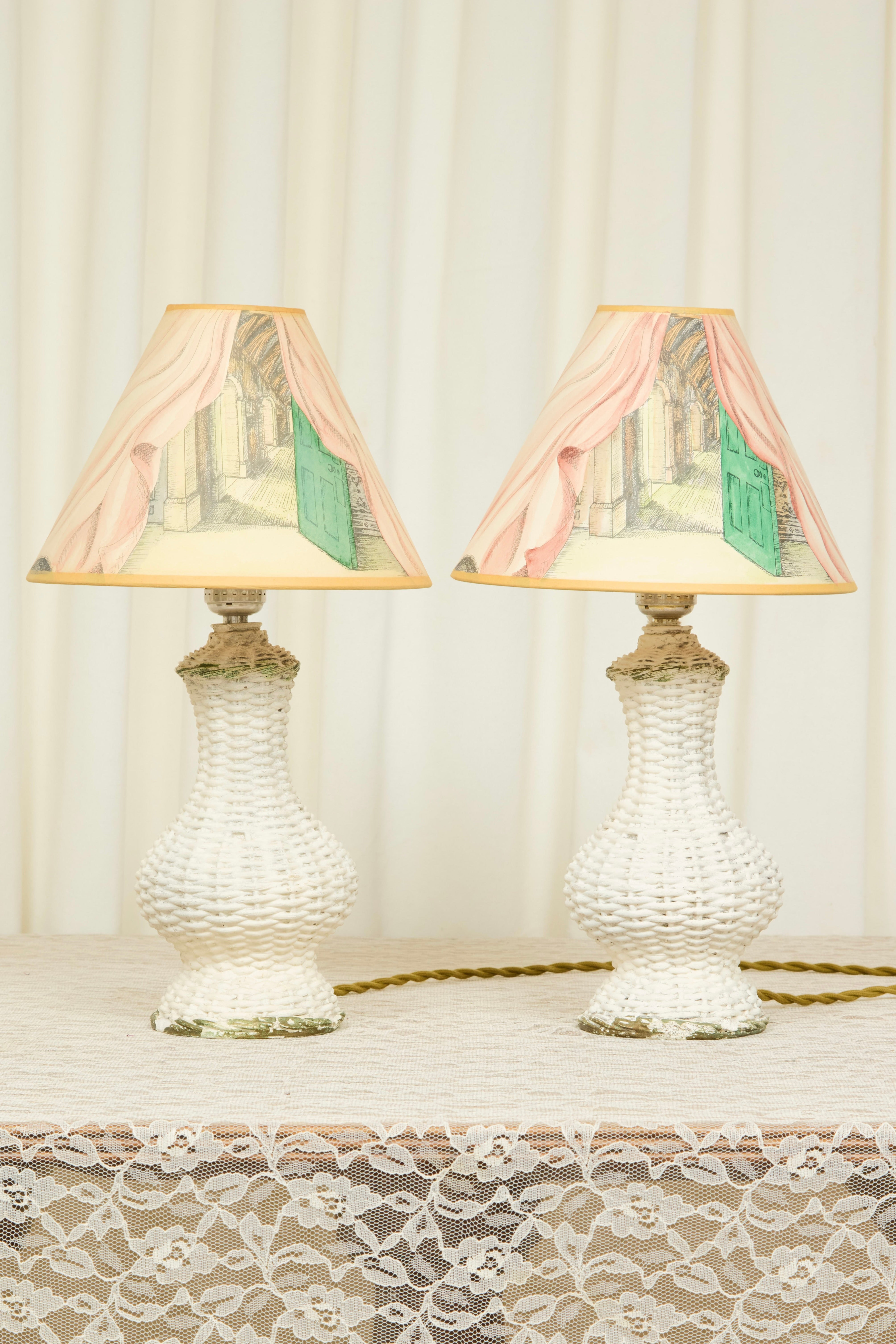Vintage Plaster Wicker Lamp w/ Hand Painted Shade