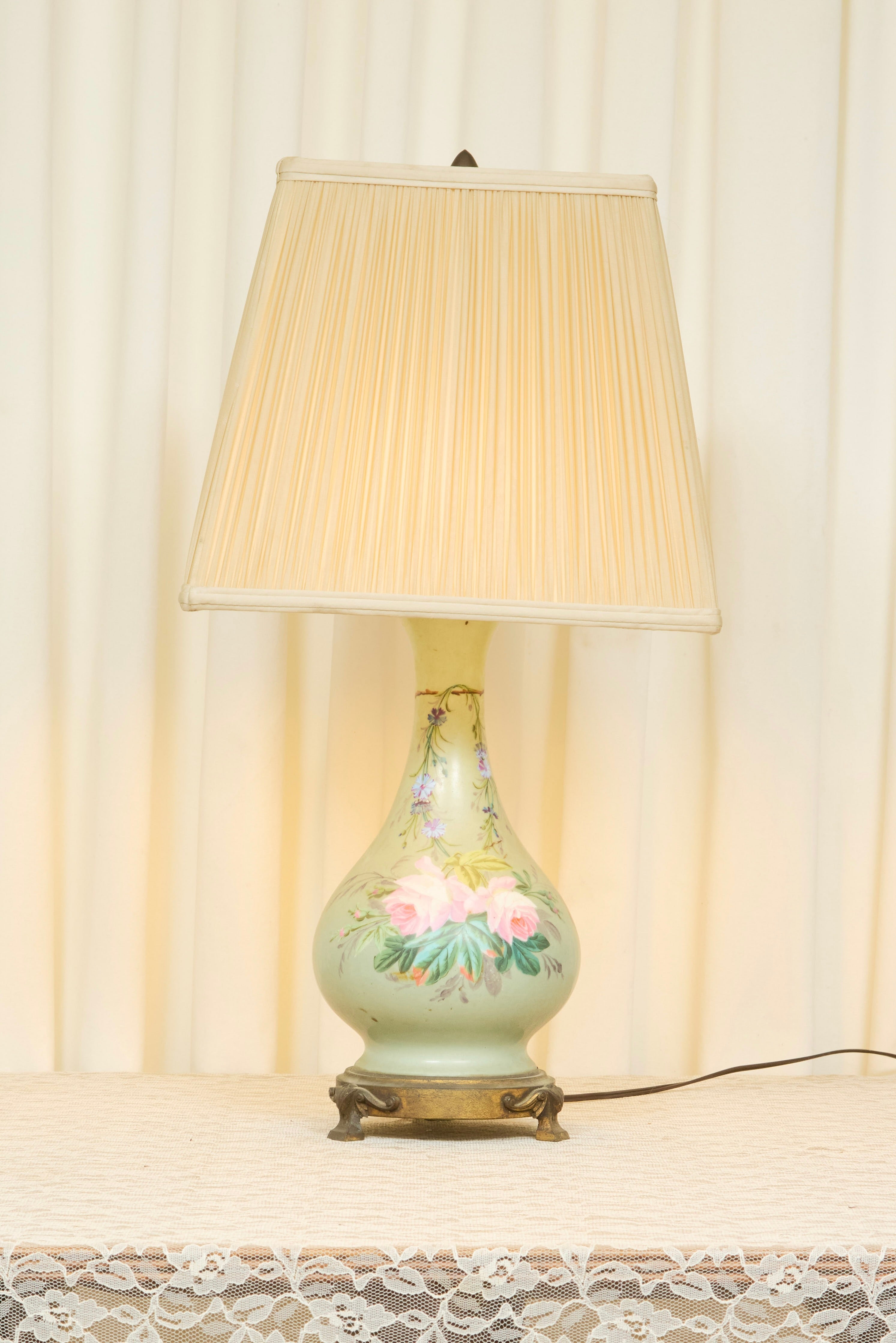 Antique Painted Floral Lamp w/ Shade