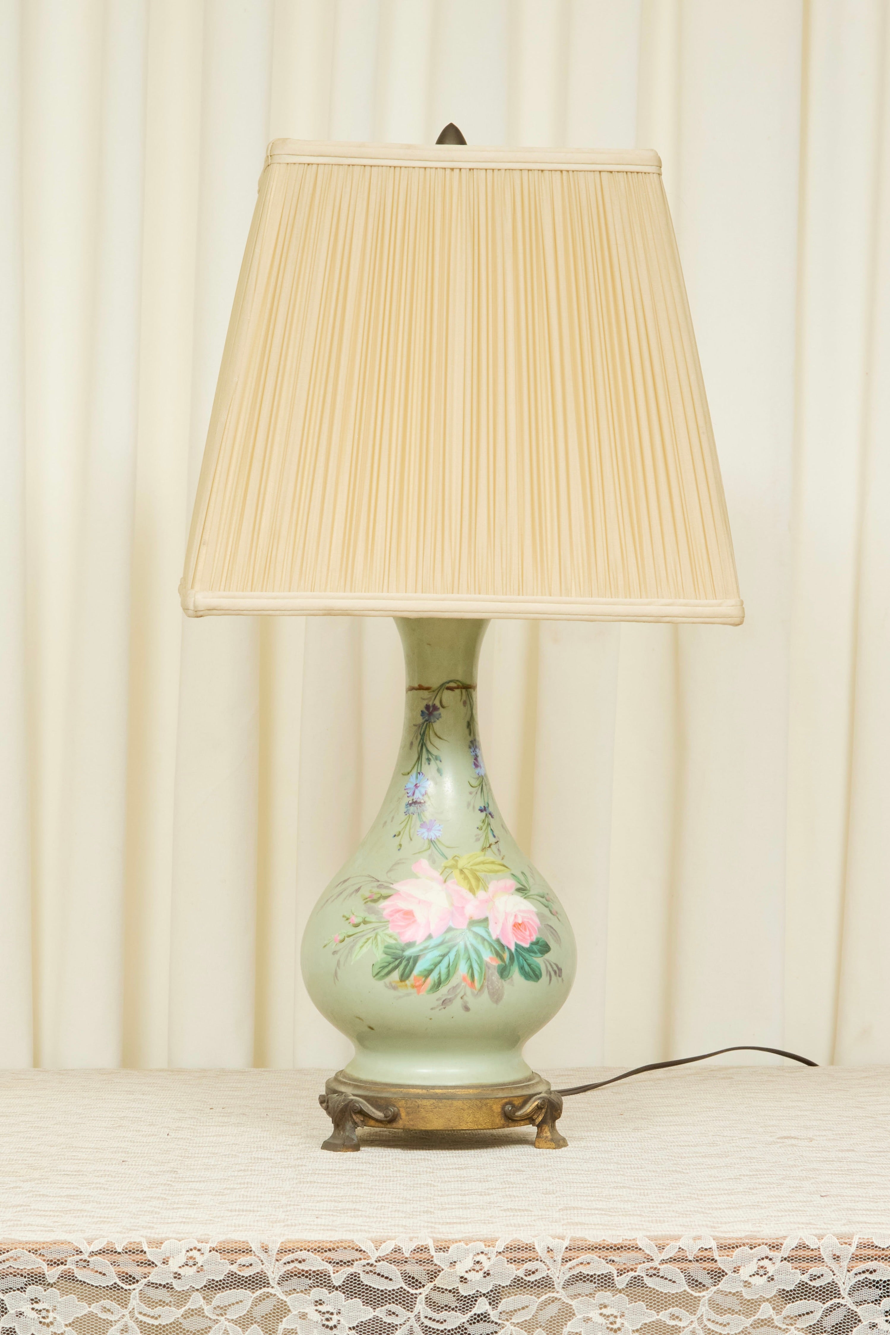 Antique Painted Floral Lamp w/ Shade