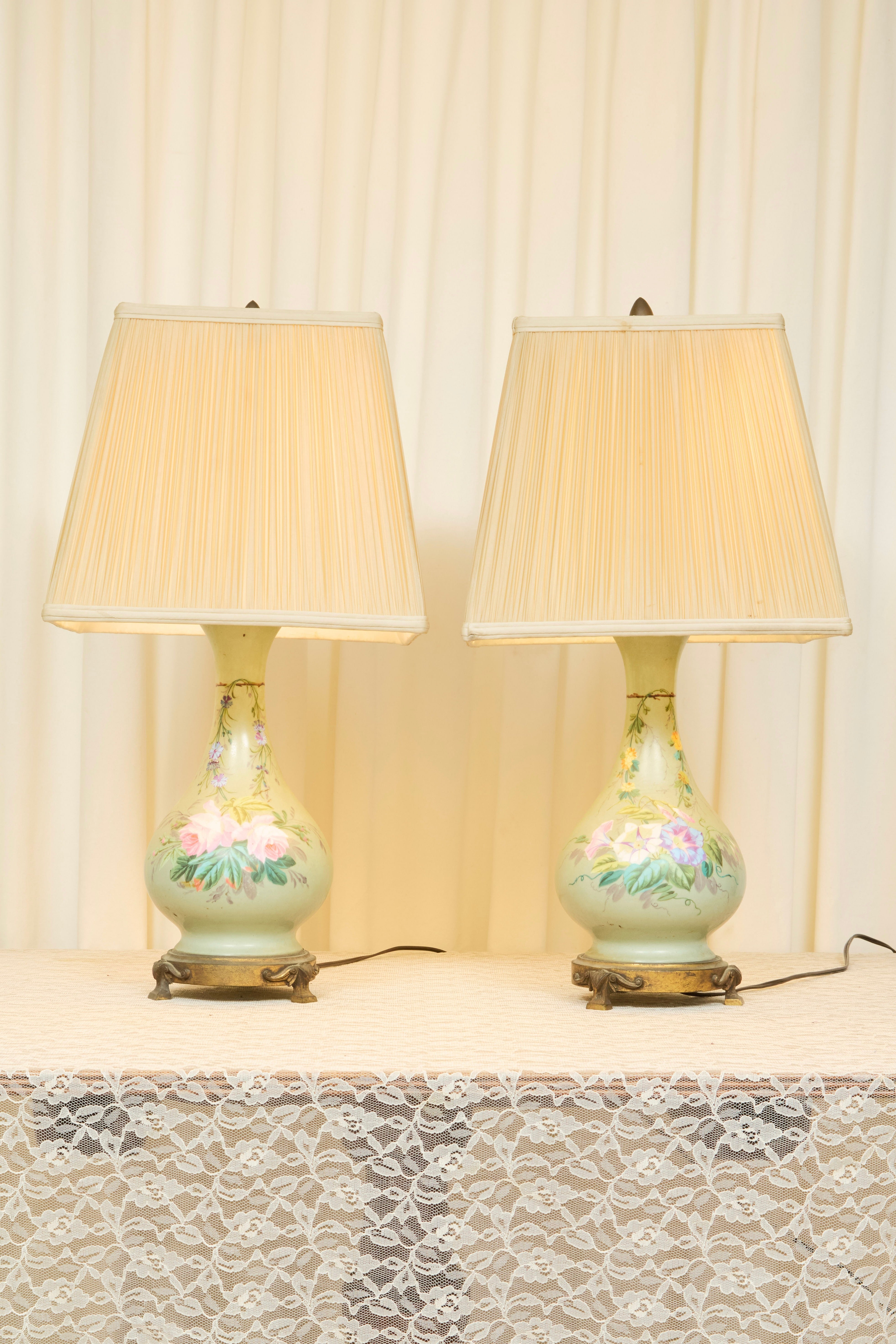 Antique Painted Floral Lamp w/ Shade