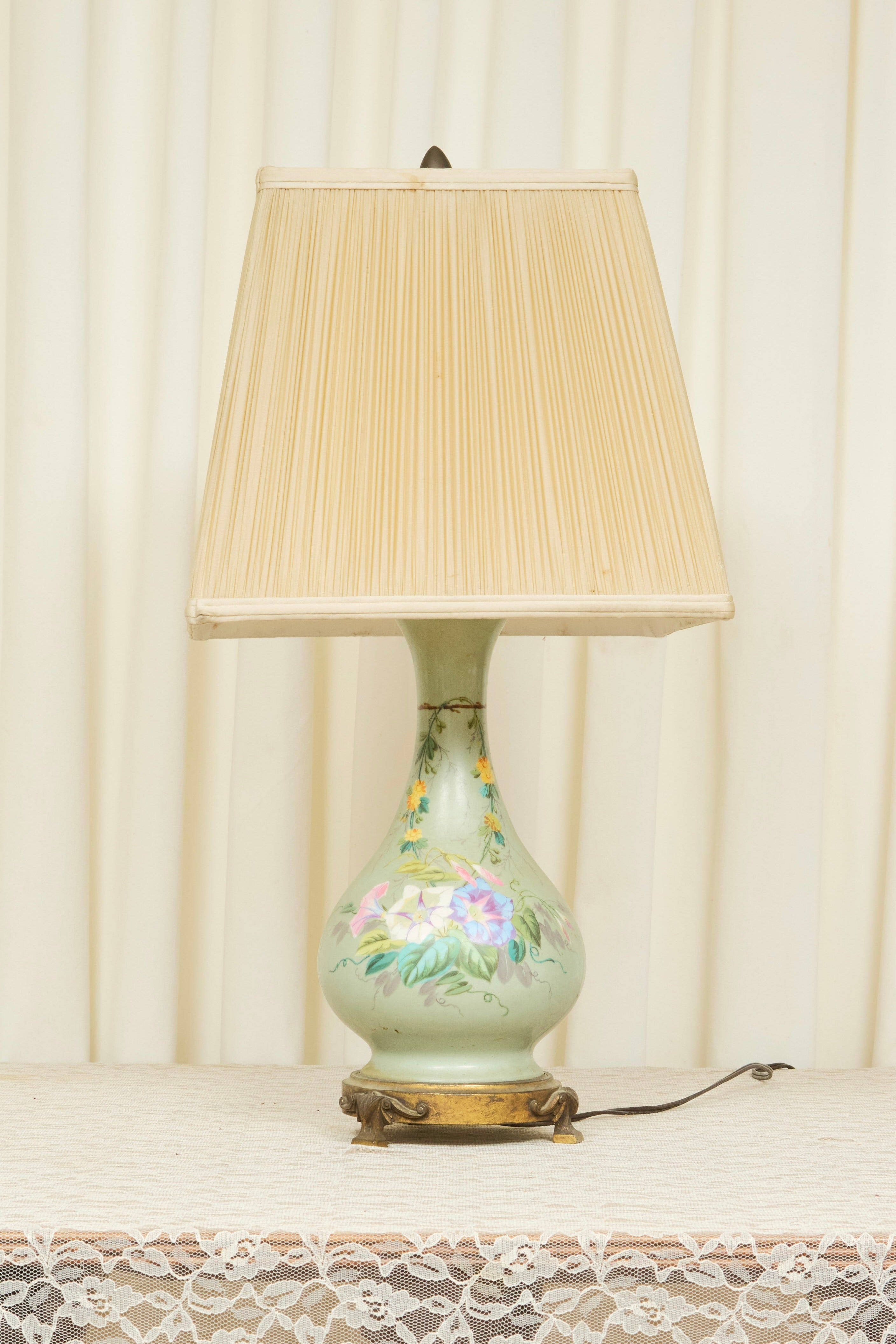 Antique Painted Floral Lamp w/ Shade