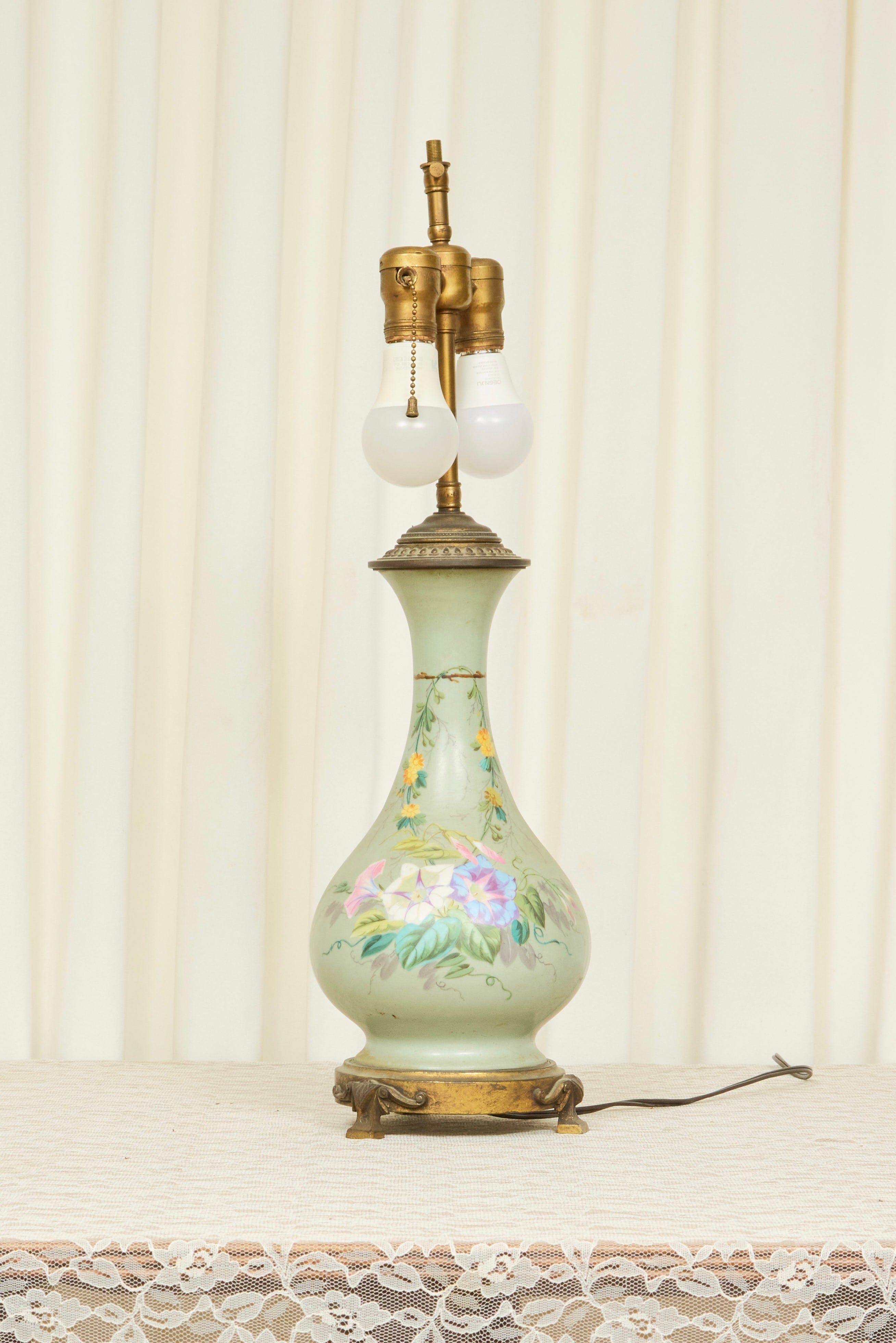Antique Painted Floral Lamp w/ Shade