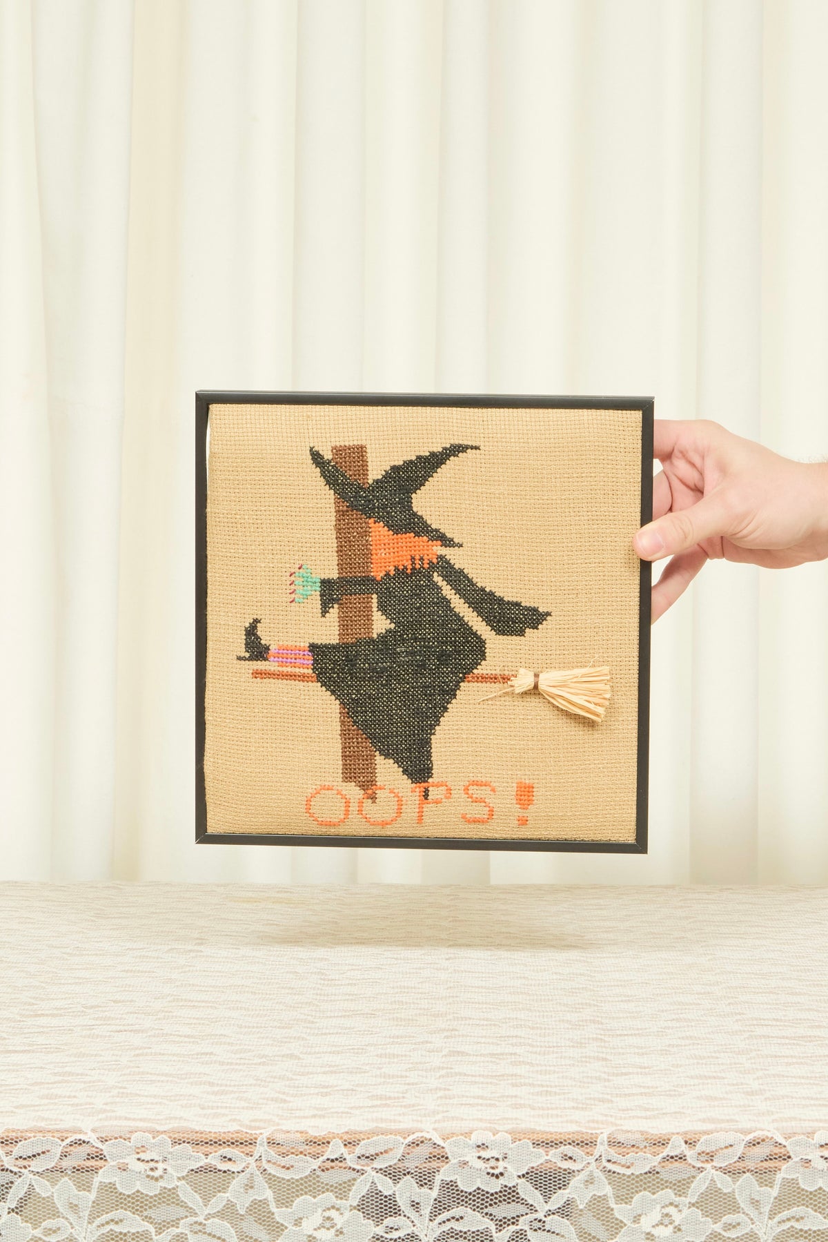 Vintage "Oops!" Witch Needlepoint