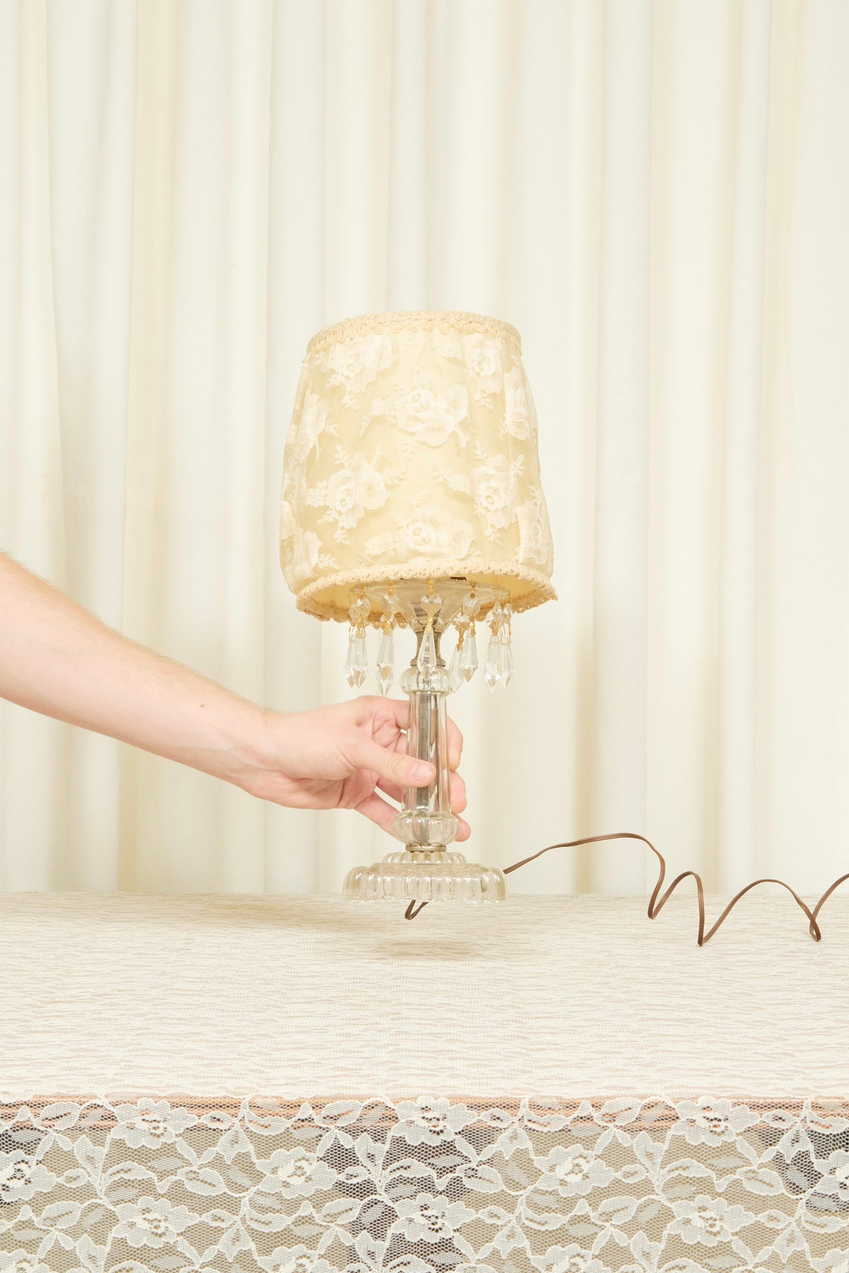 Vintage Crystal Lamp w/ Lace Shade