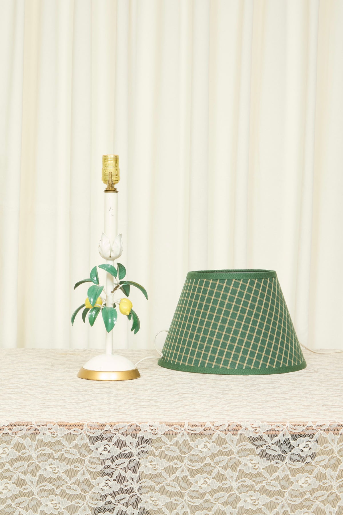 Vintage Metal Lemon Lamp w/ Plaid Shade