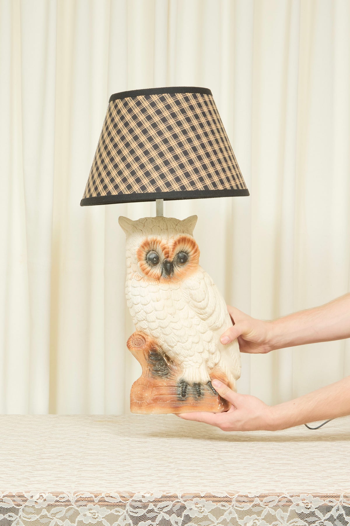Vintage Owl Lamp w/ Plaid Lampshade