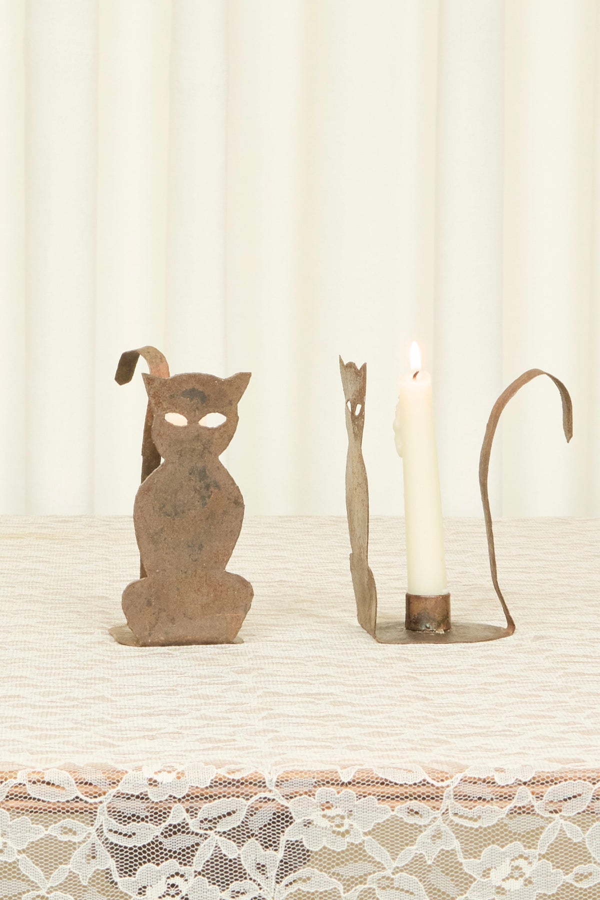 Vintage Forged Cat Candle Holders Set/2