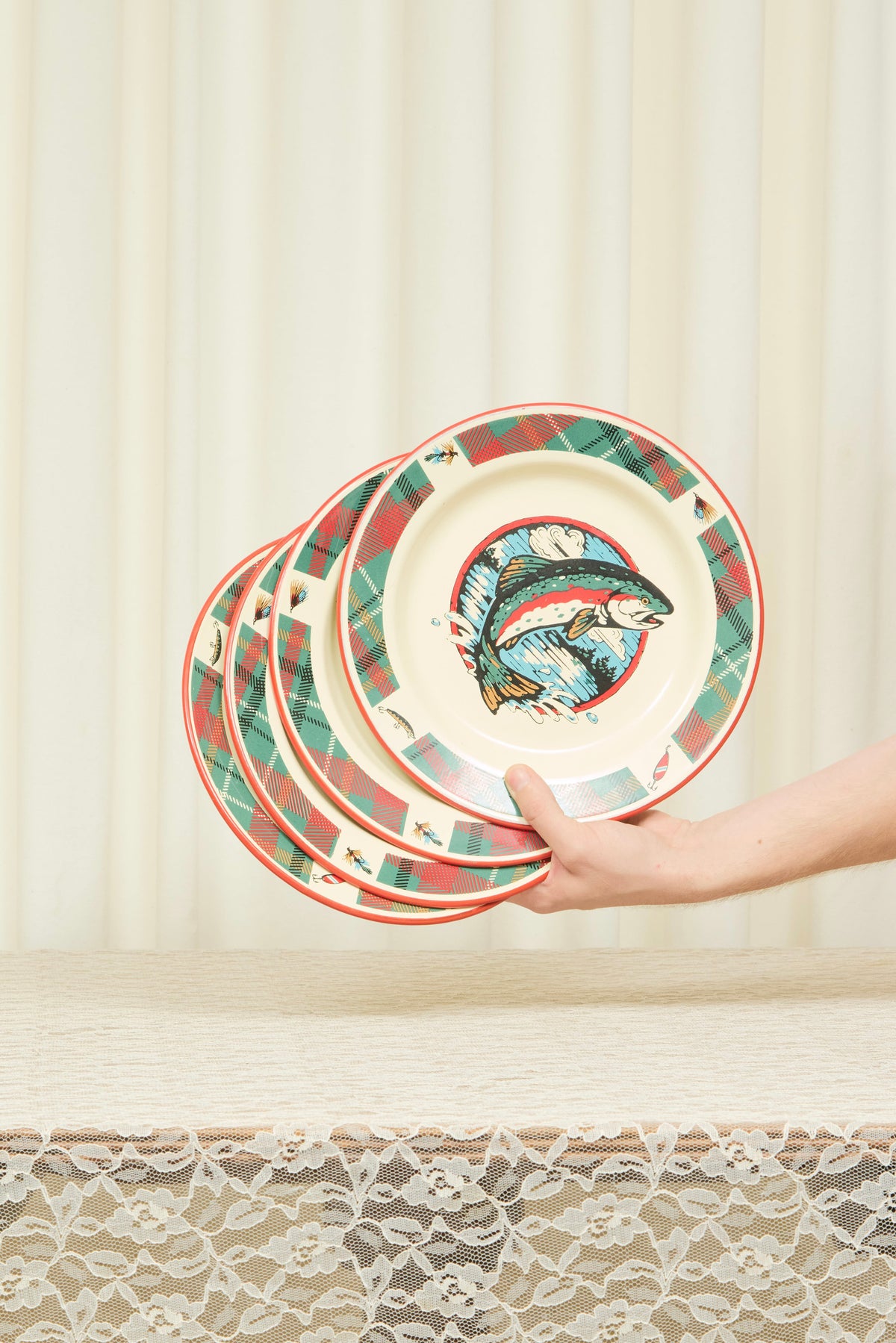 Vintage Enamel Fish Plates Set/4