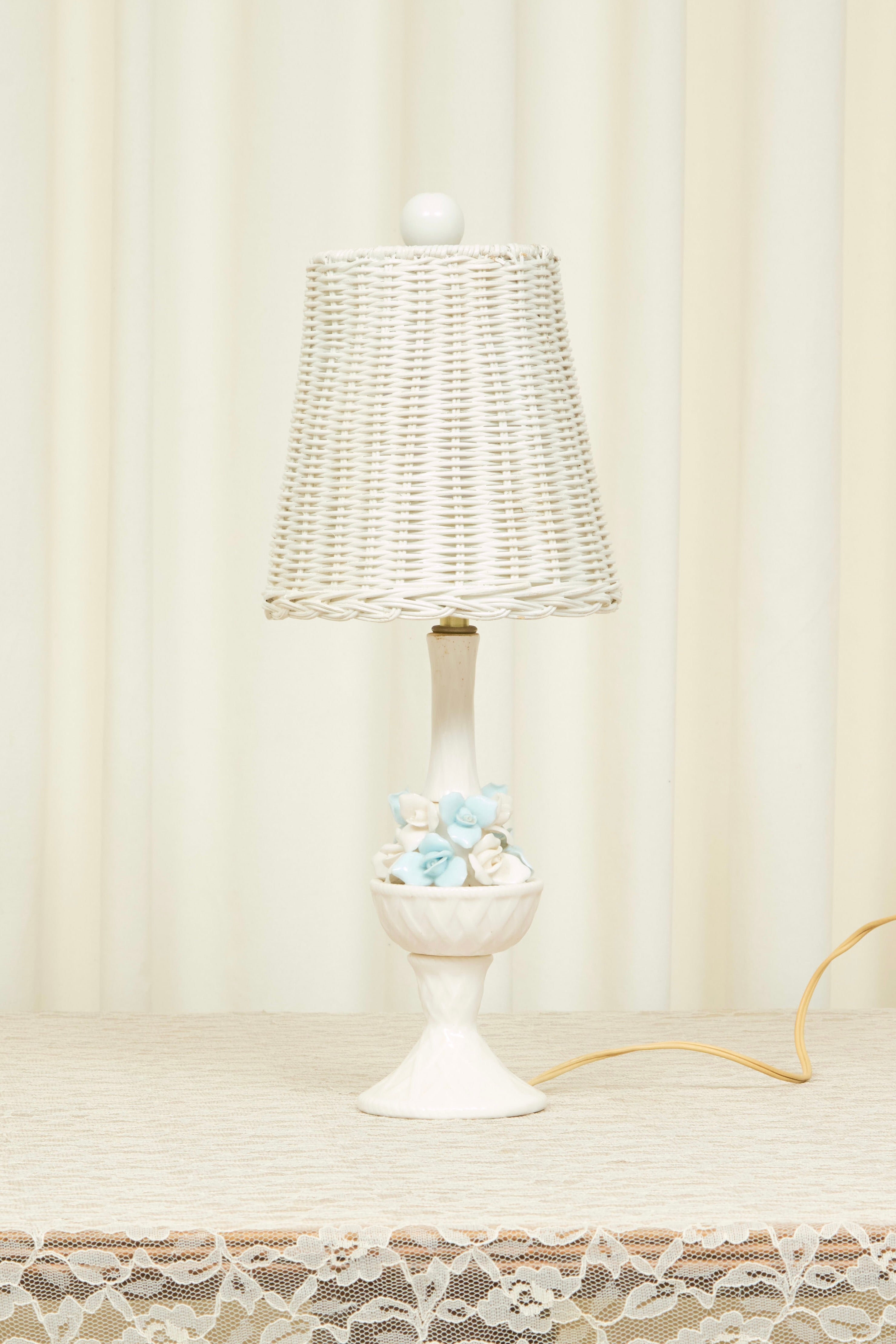Vintage Ceramic Floral Lamp w/ Wicker Shade