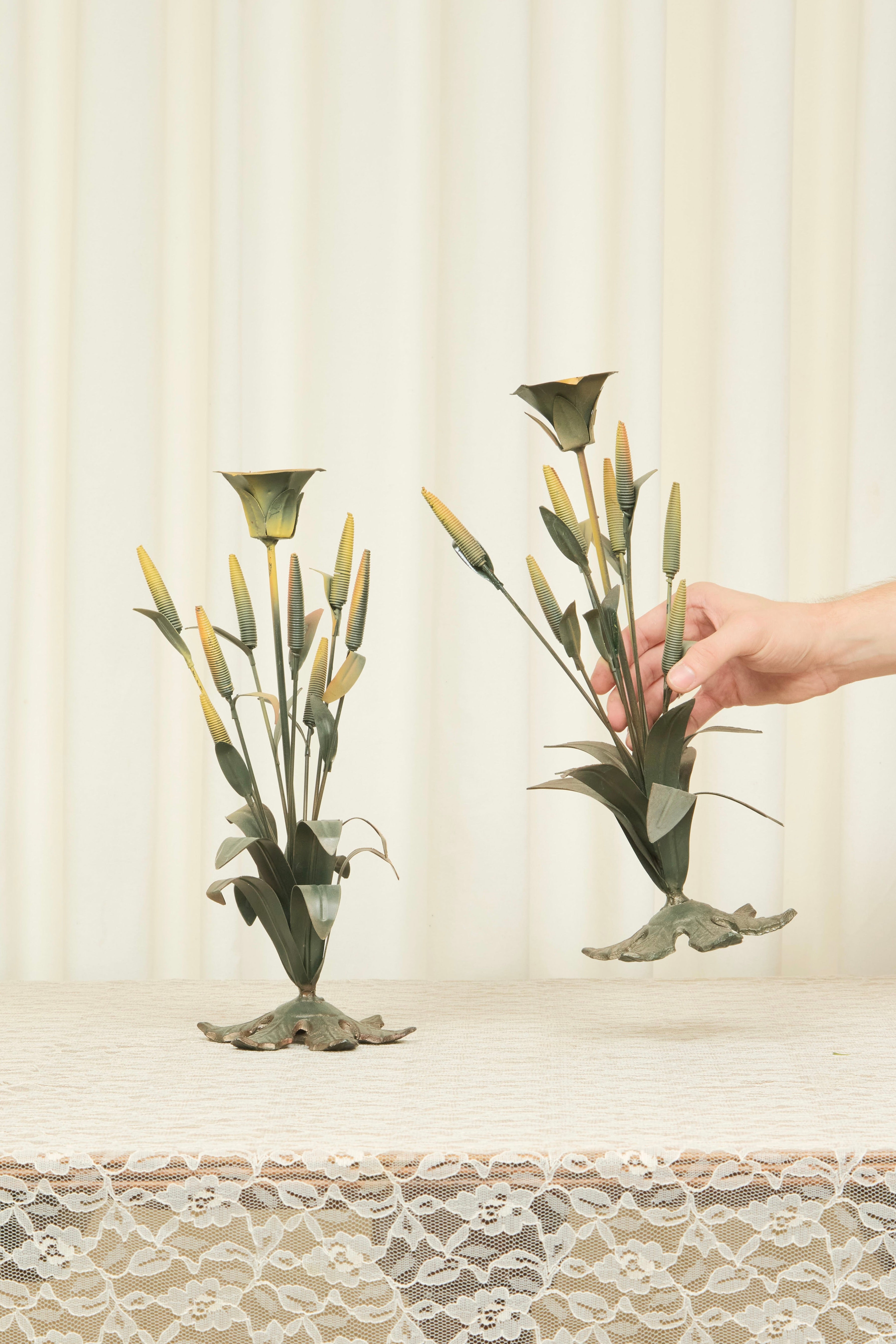 Vintage Metal Cat Tail Candle Holders Set/2