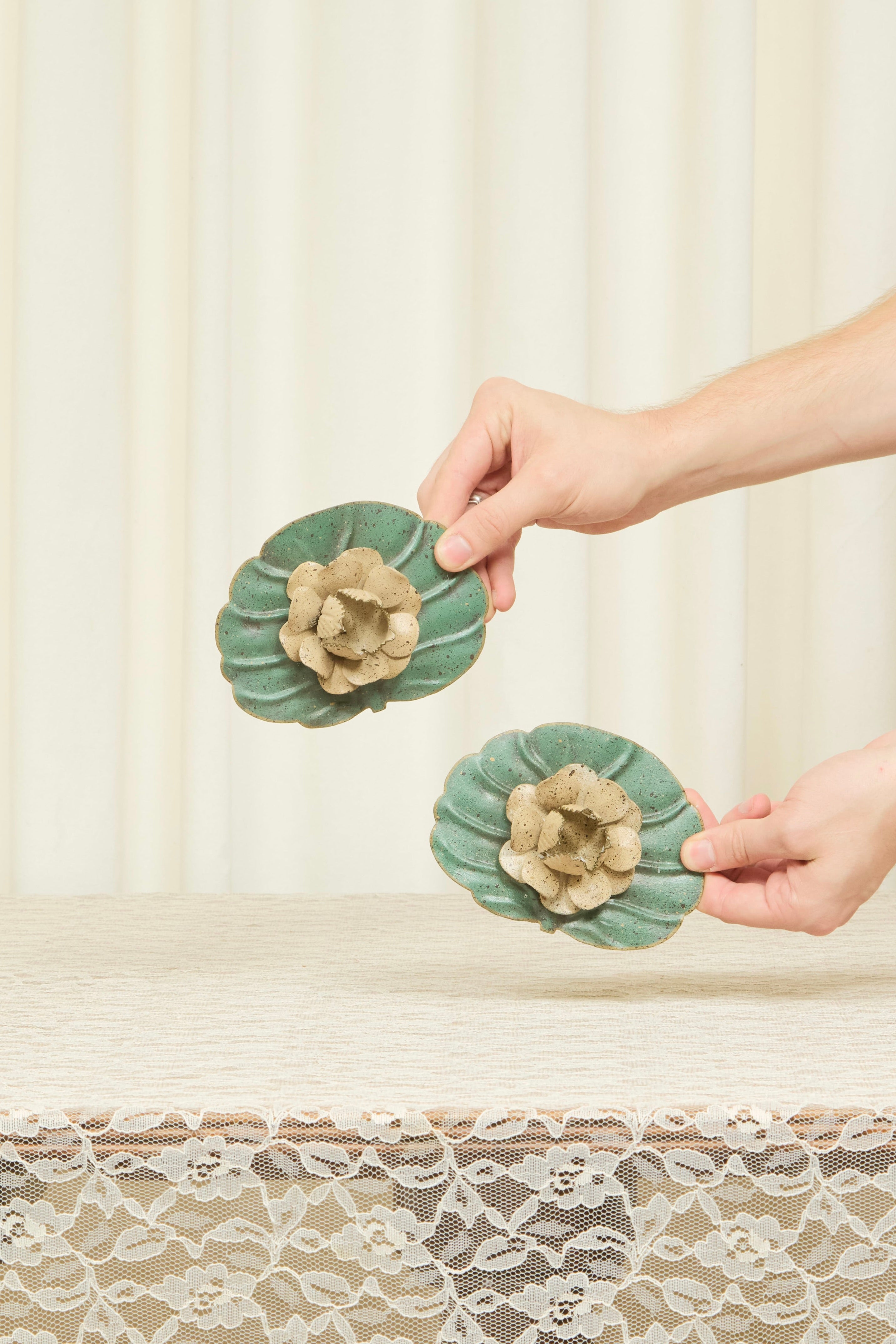 Vintage Lily Pad Candle Holder Set/2