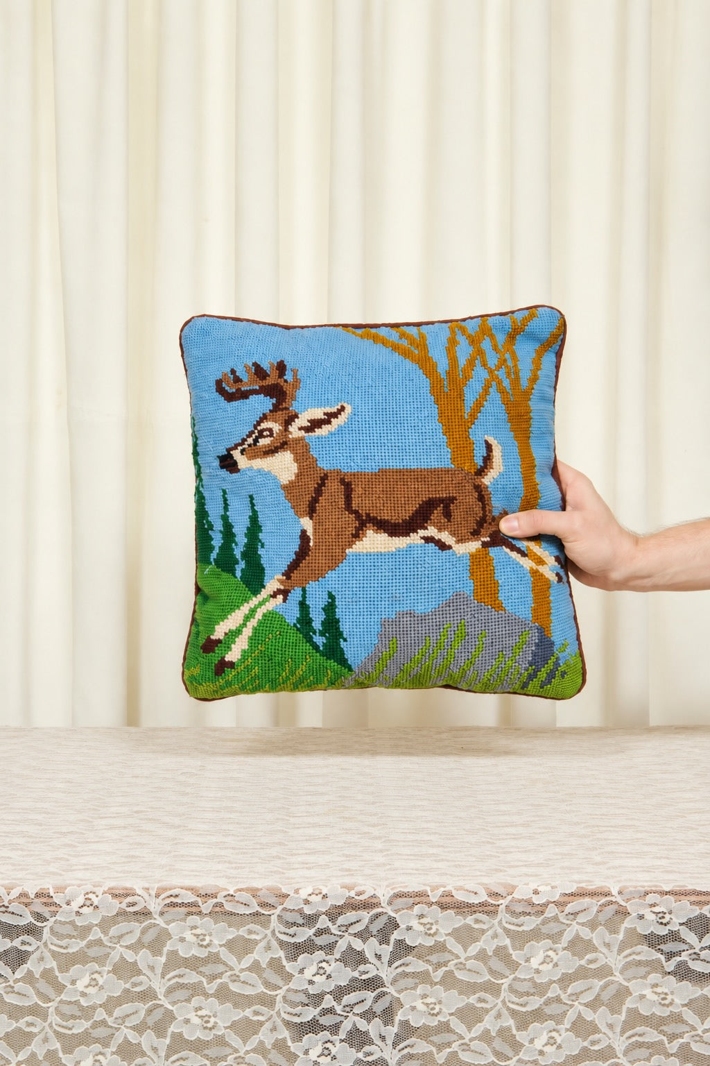Vintage Deer Needlepoint Pillow