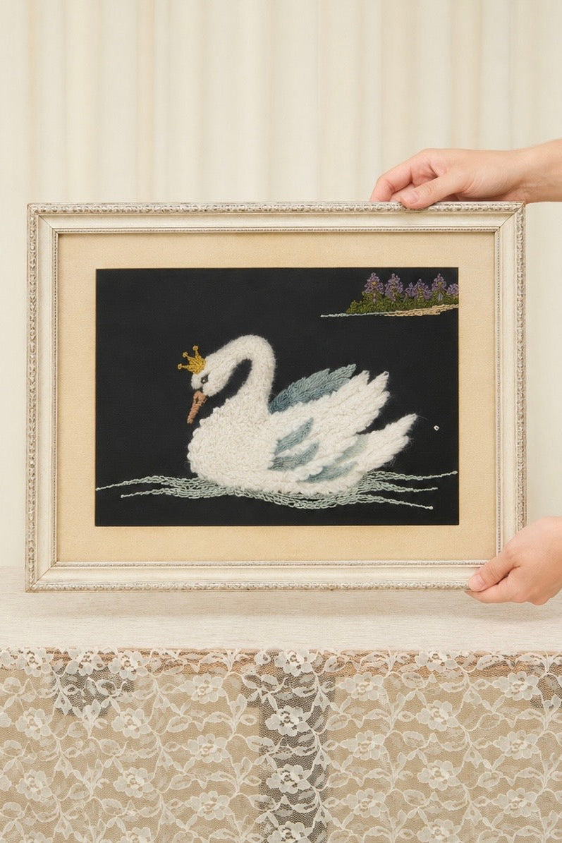 Vintage Framed Flocked Swan