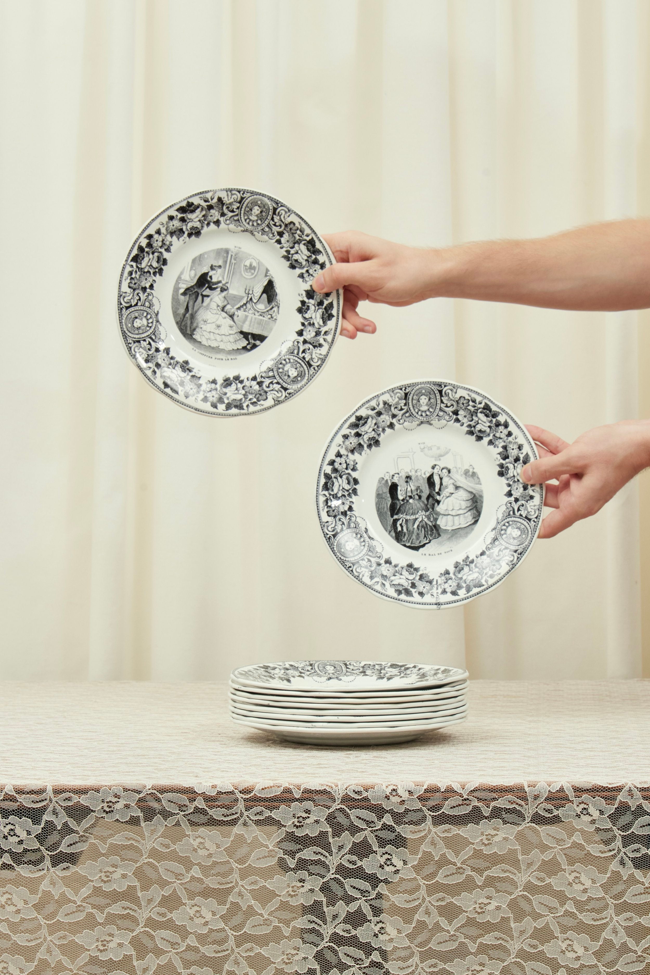 Antique Black Toile French Plate Set of 10