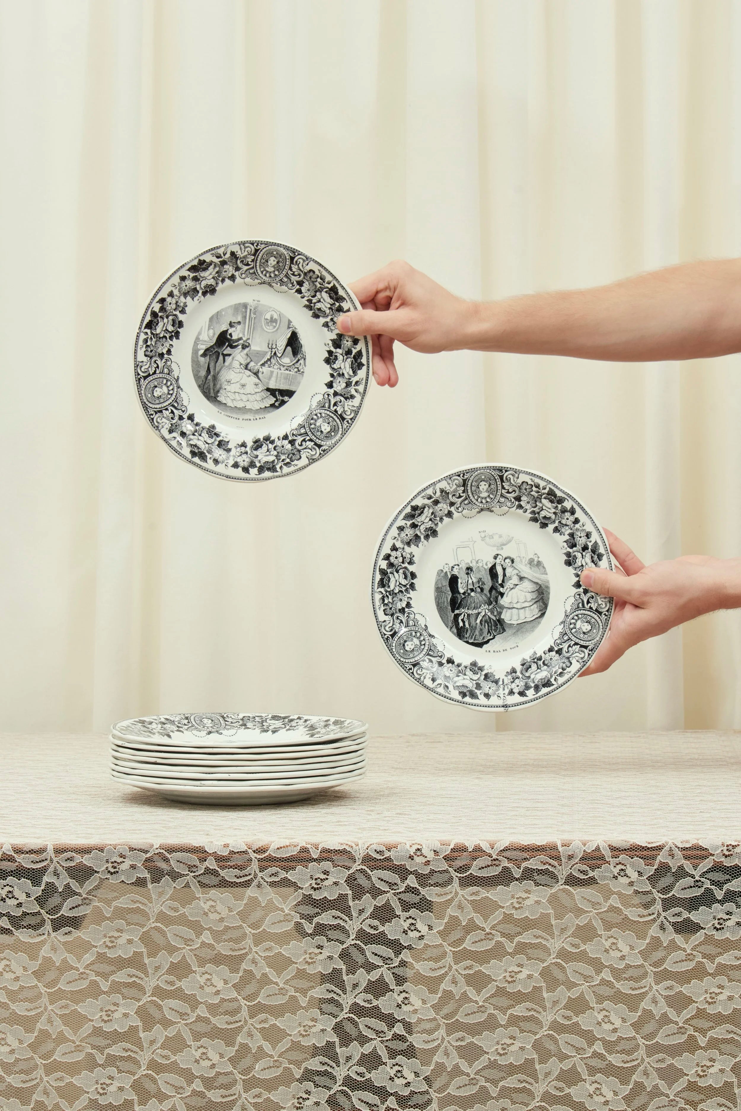 Antique Black Toile French Plate Set of 10