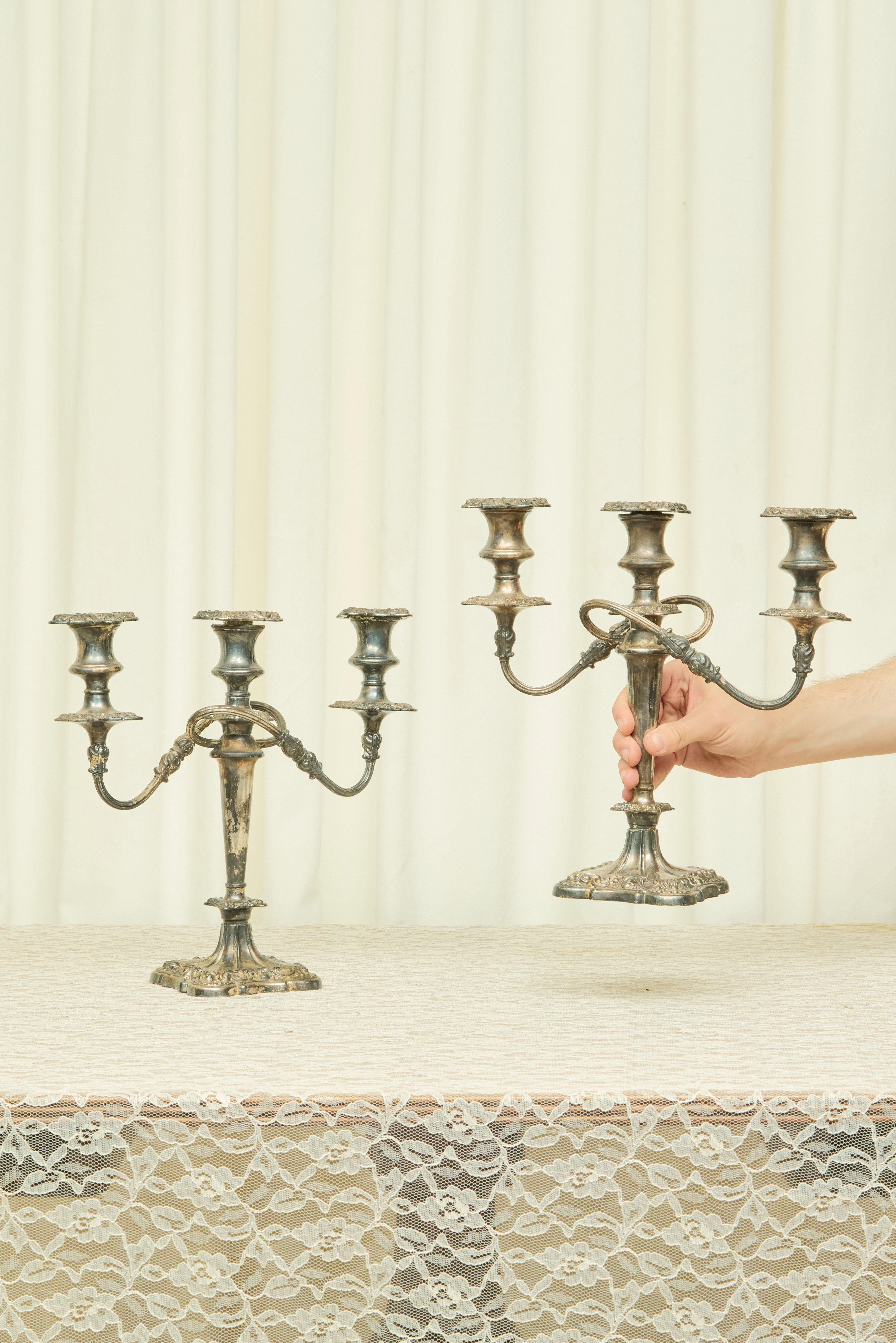 Vintage 3 Arm Silver Candelabra Set/2