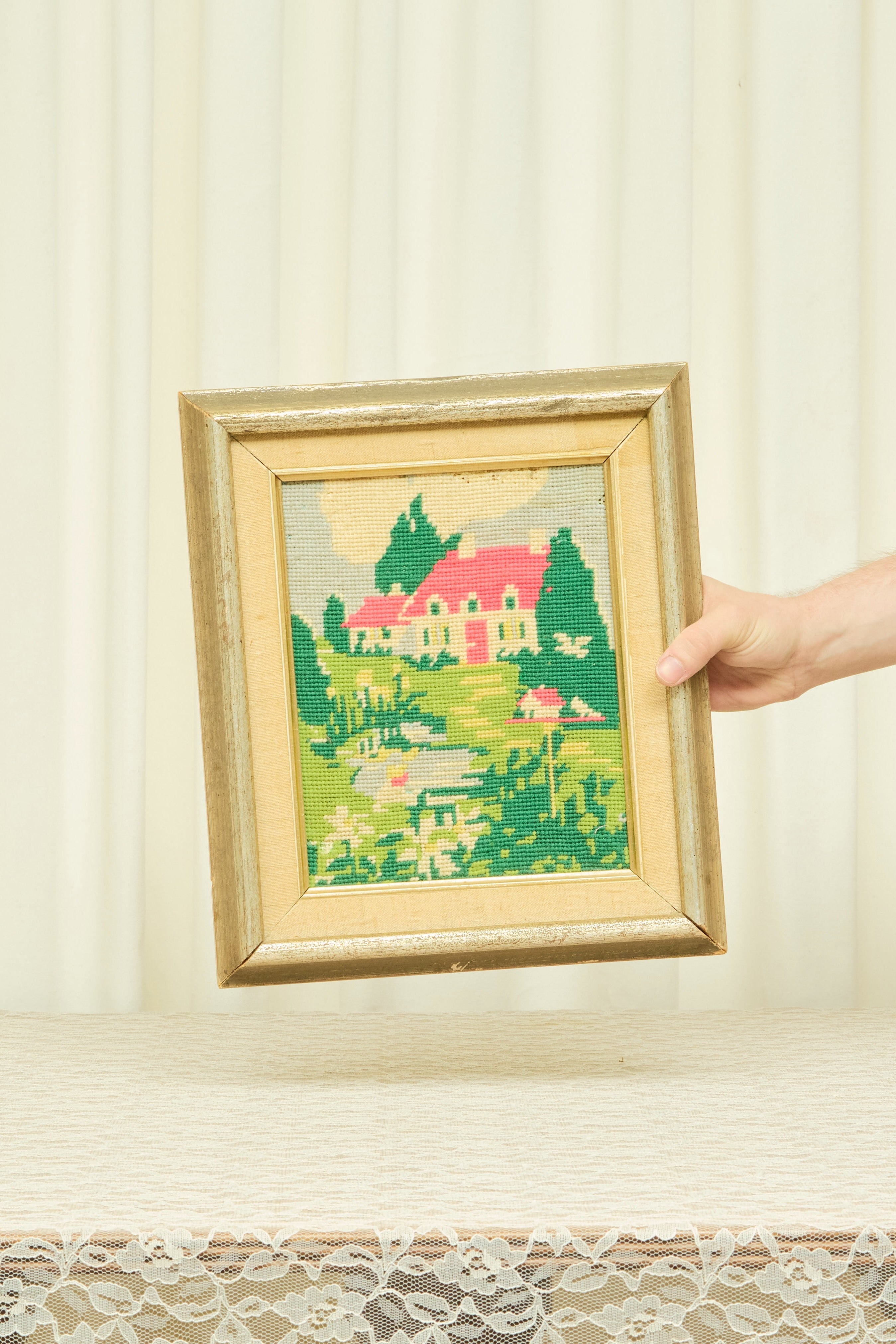 Vintage Cottage Framed Needlepoint