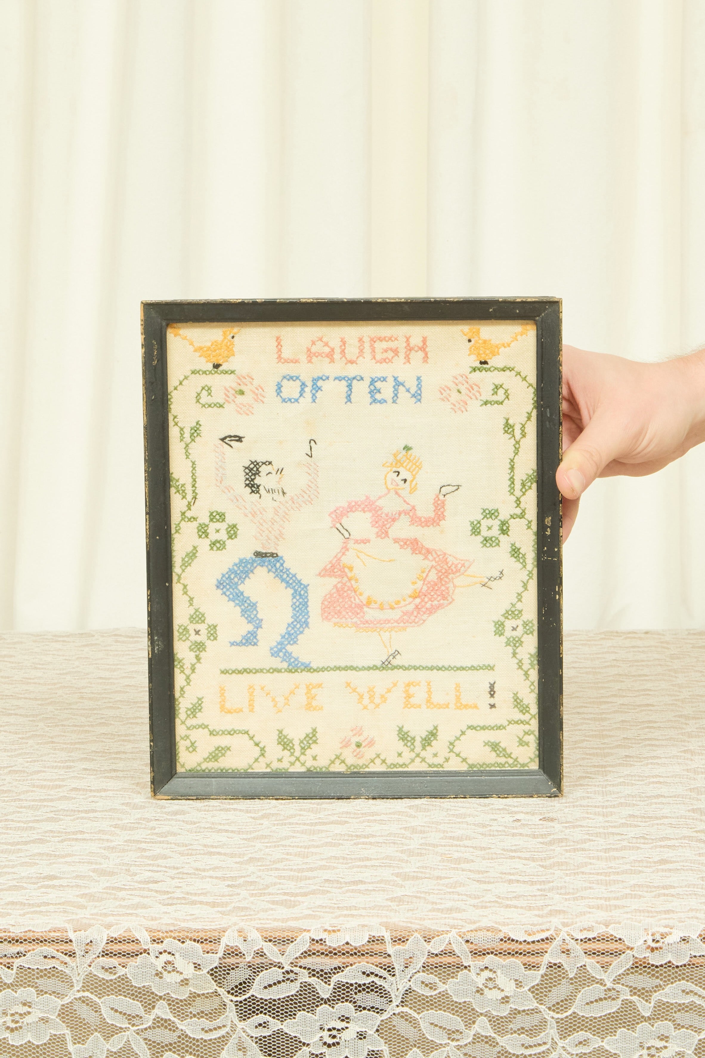 Vintage "Laugh Often, Live Well" Framed Cross Stitch
