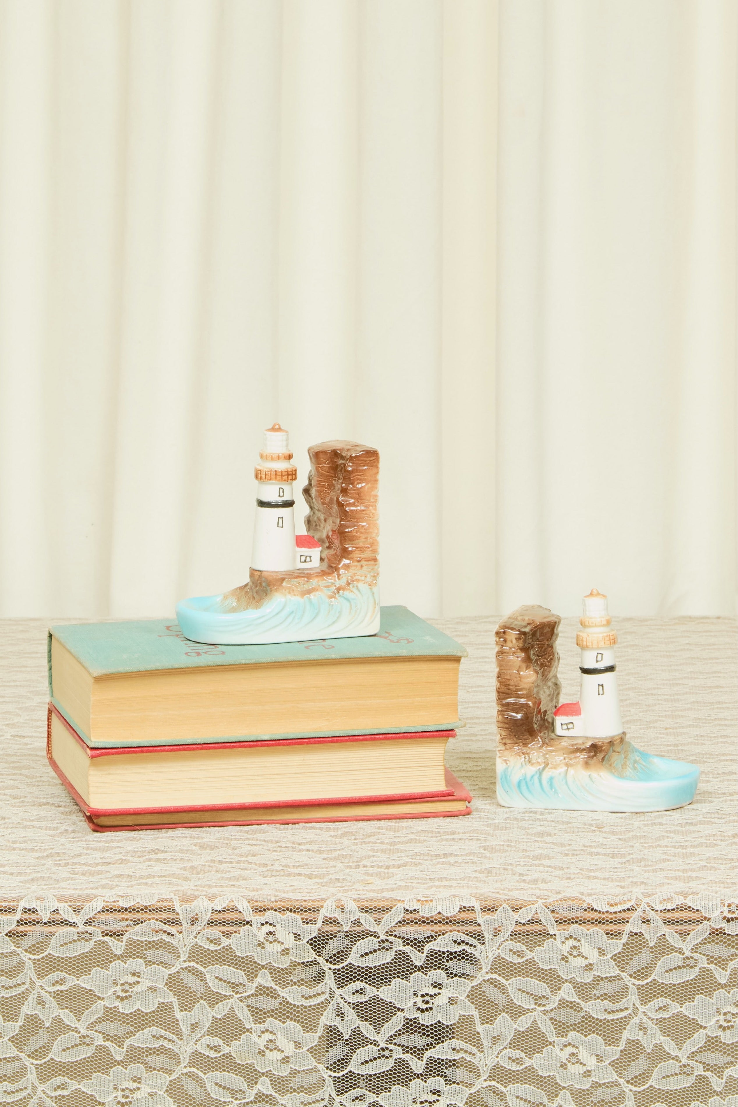 Vintage Lighthouse Bookends w/ Trinket Dish Set/2