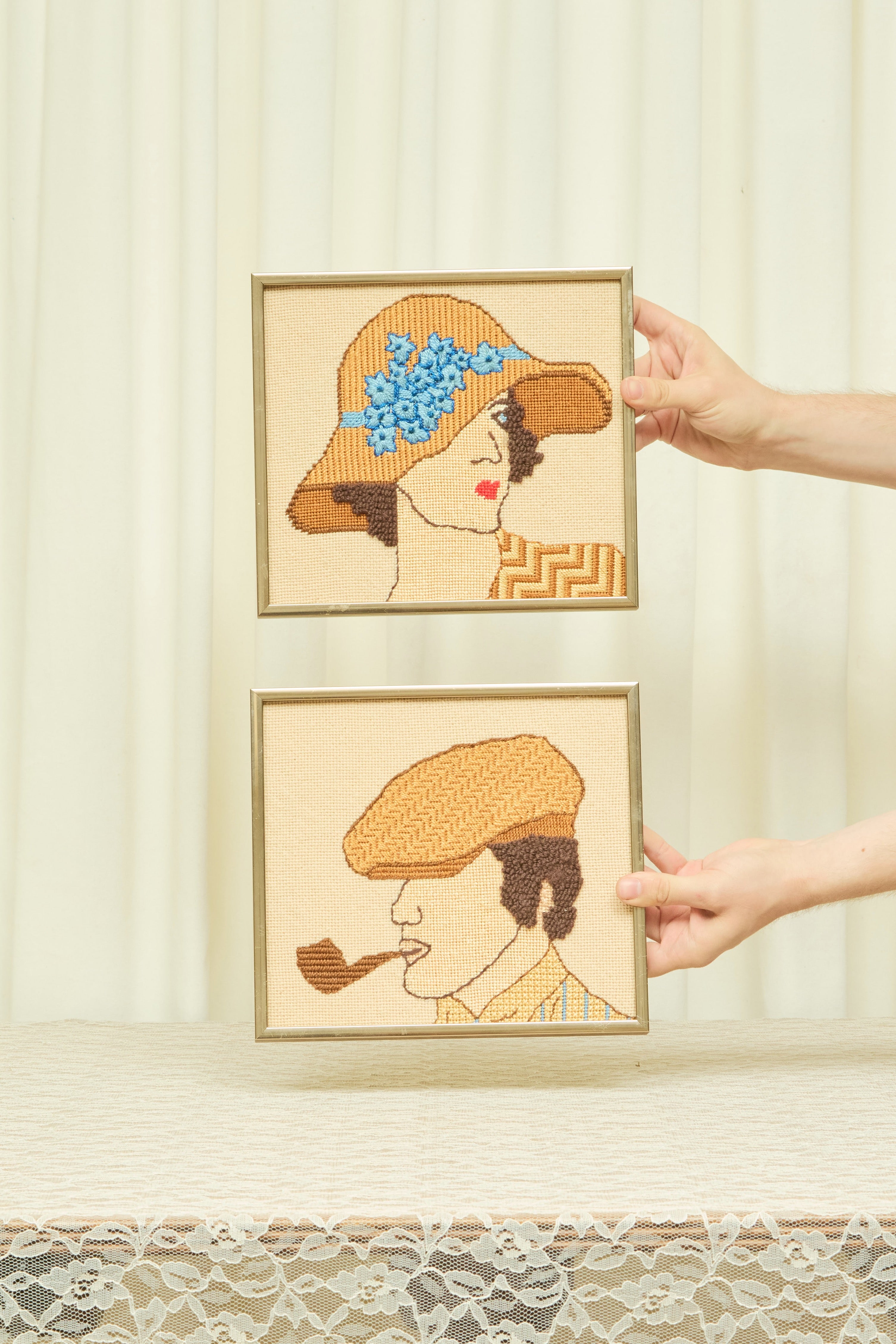 Vintage Man & Woman Needlepoint Set/2