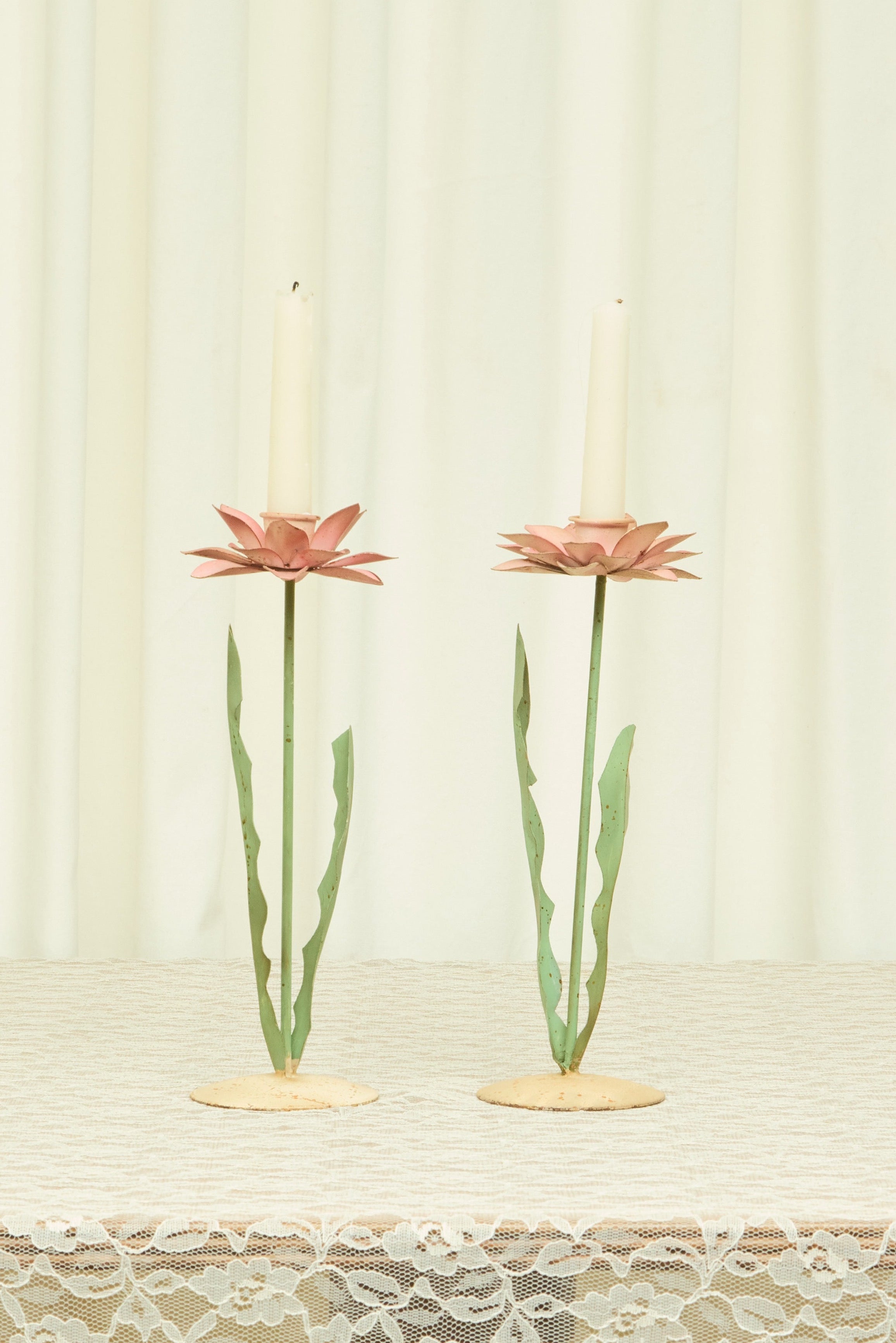 Vintage Metal Flower Candle Holder Set/2