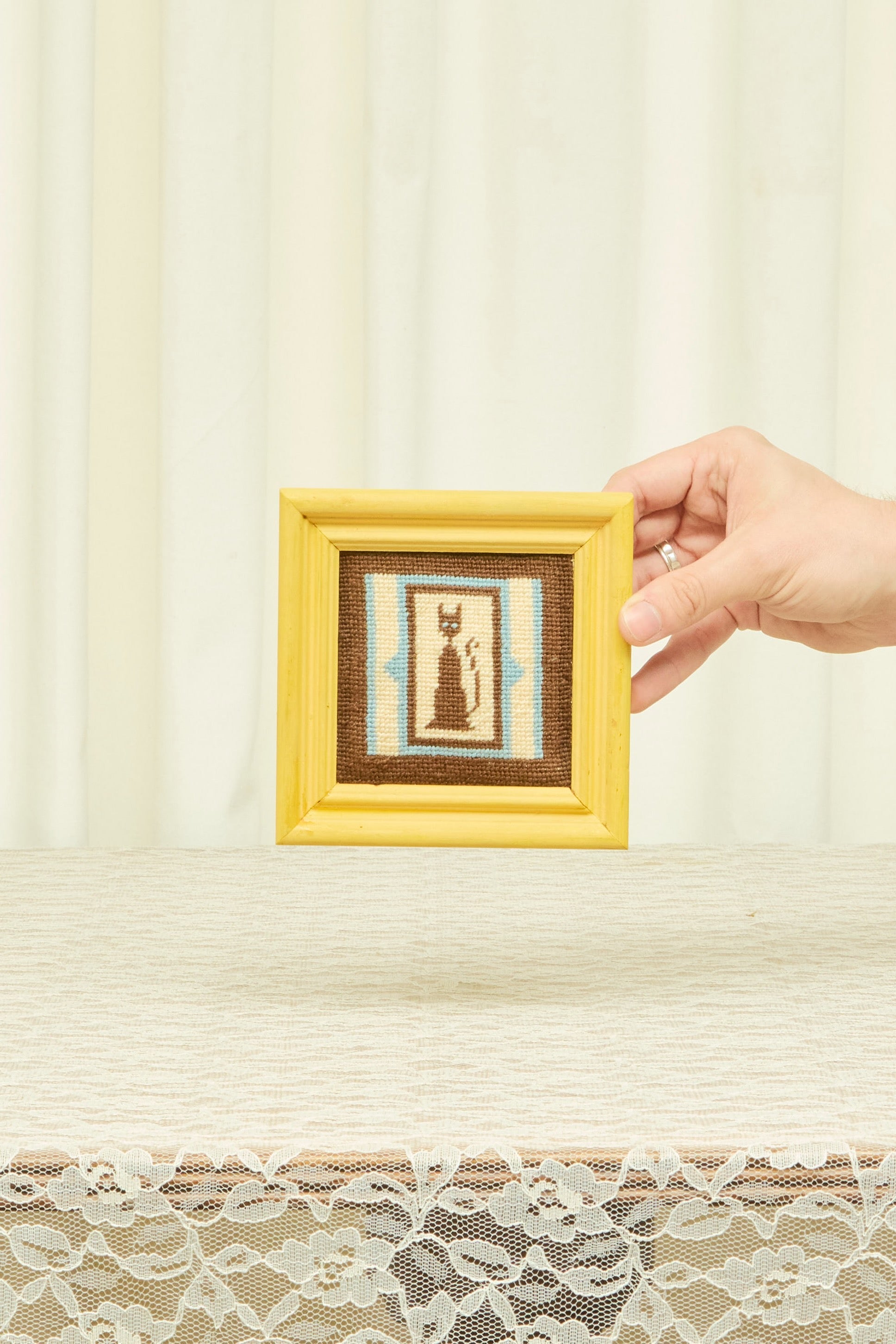 Vintage Mini Framed Cat Needlepoint