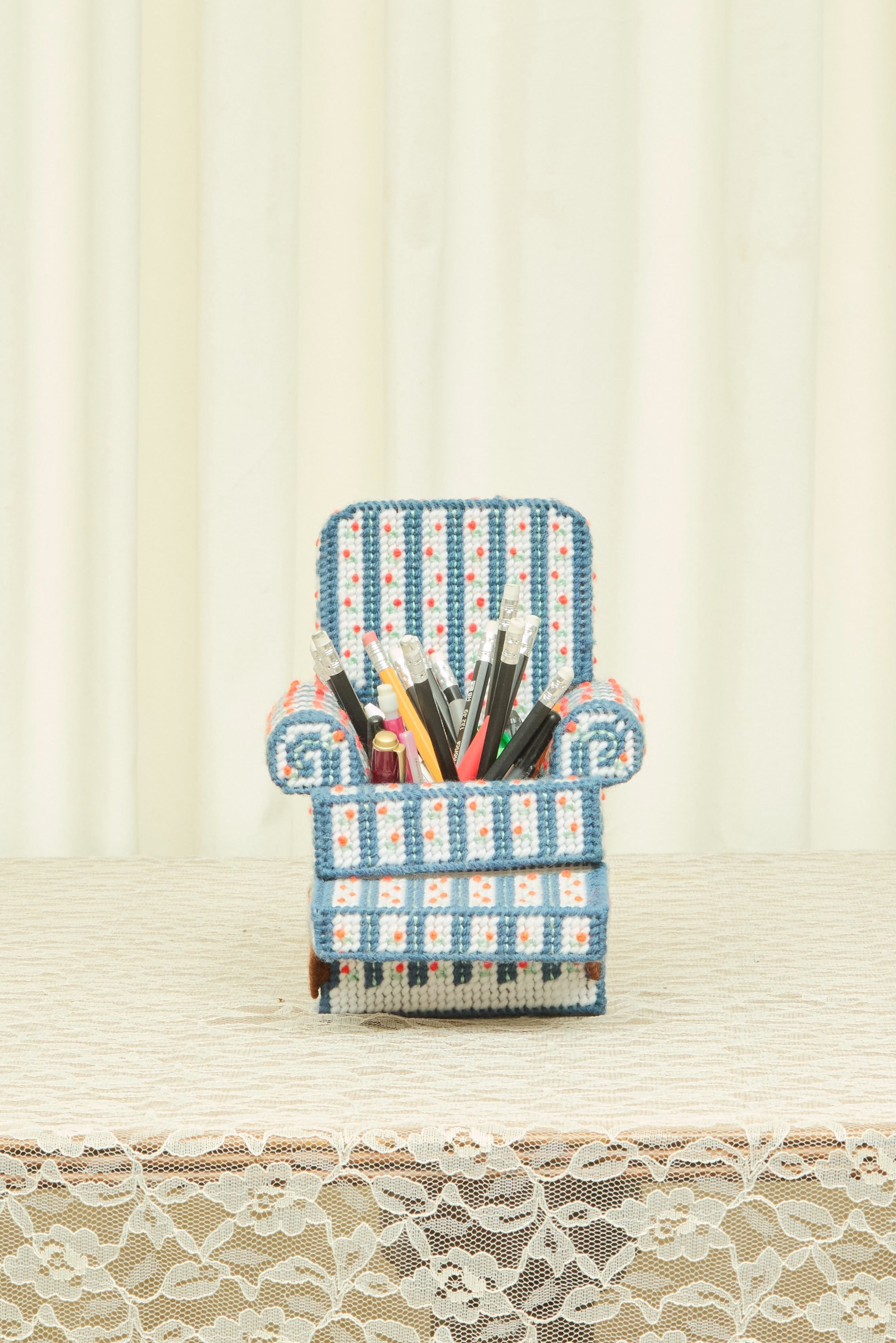 Vintage Needlepoint Recliner Pencil Holder