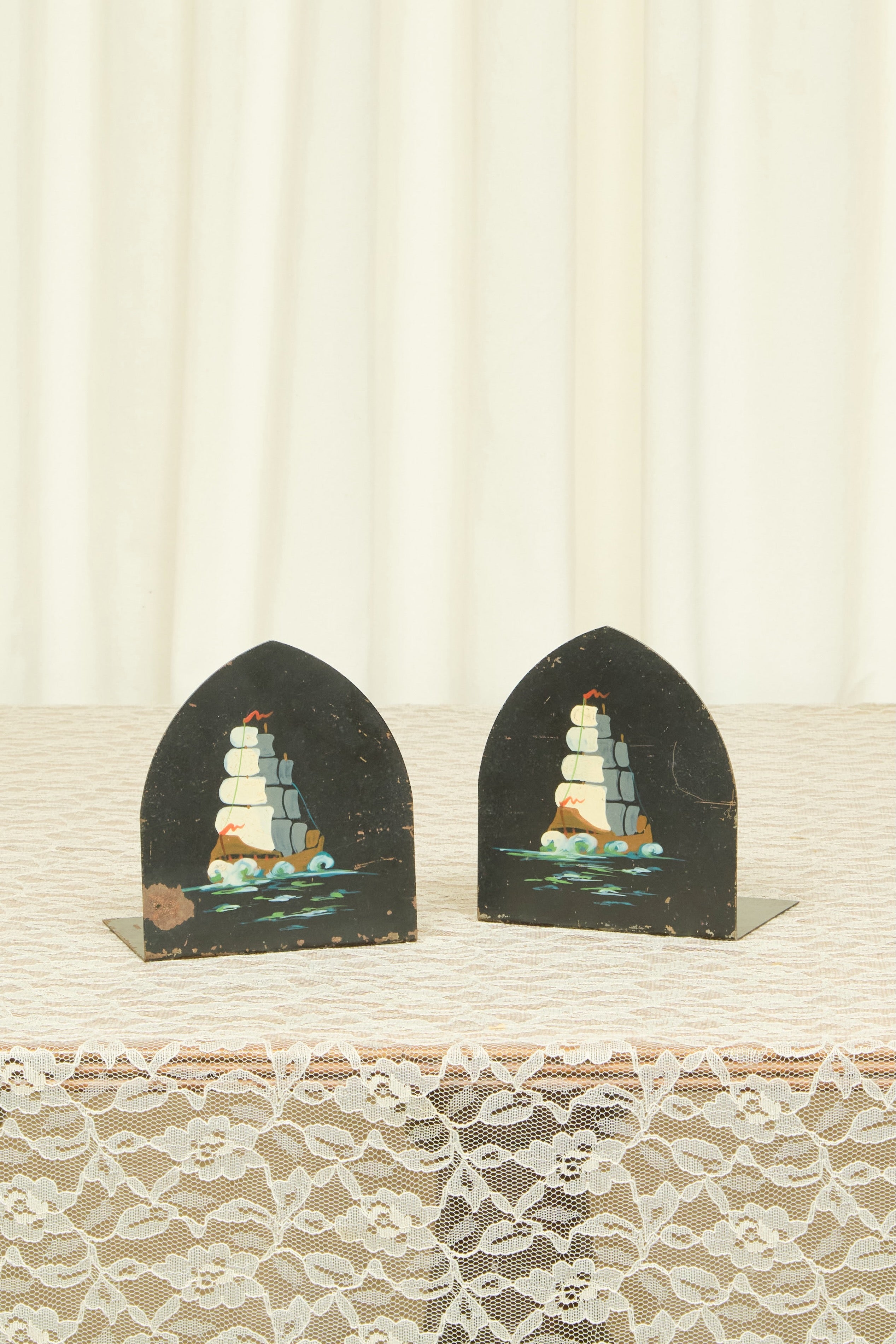 Vintage Painted Sailboat Metal Bookends Set/2