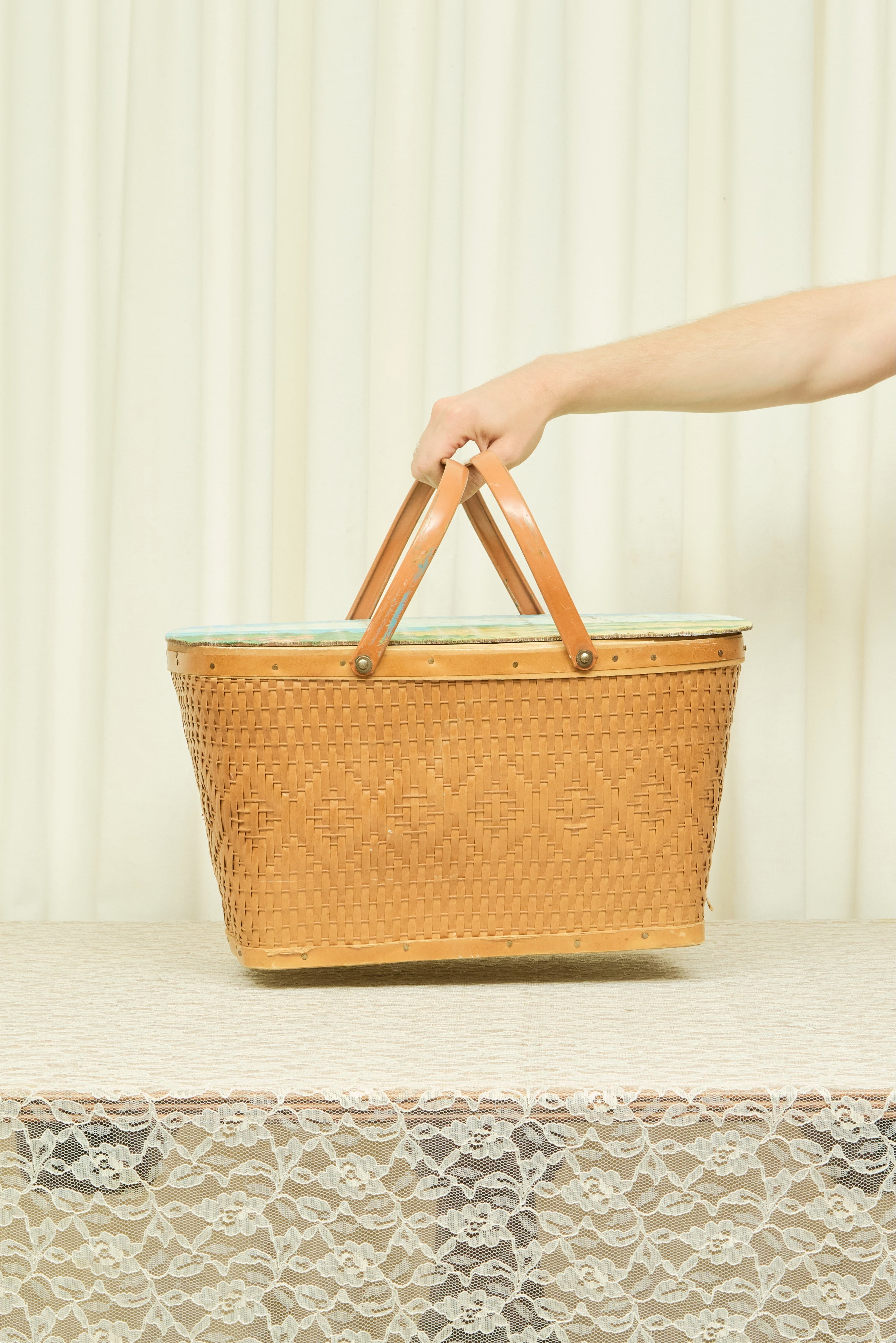 Vintage Painted Scene Picnic Basket