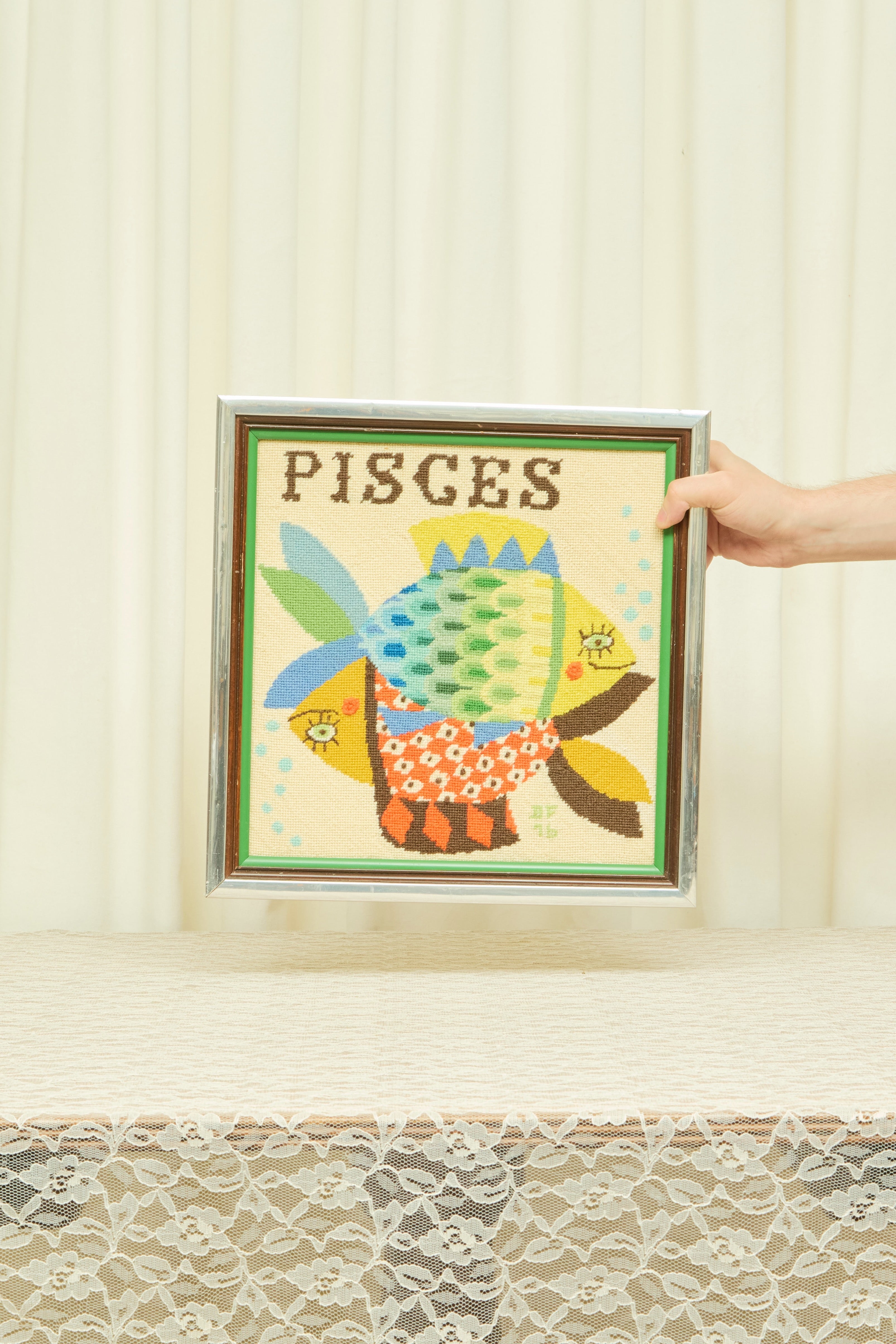 Vintage "Pisces" Framed Needlepoint