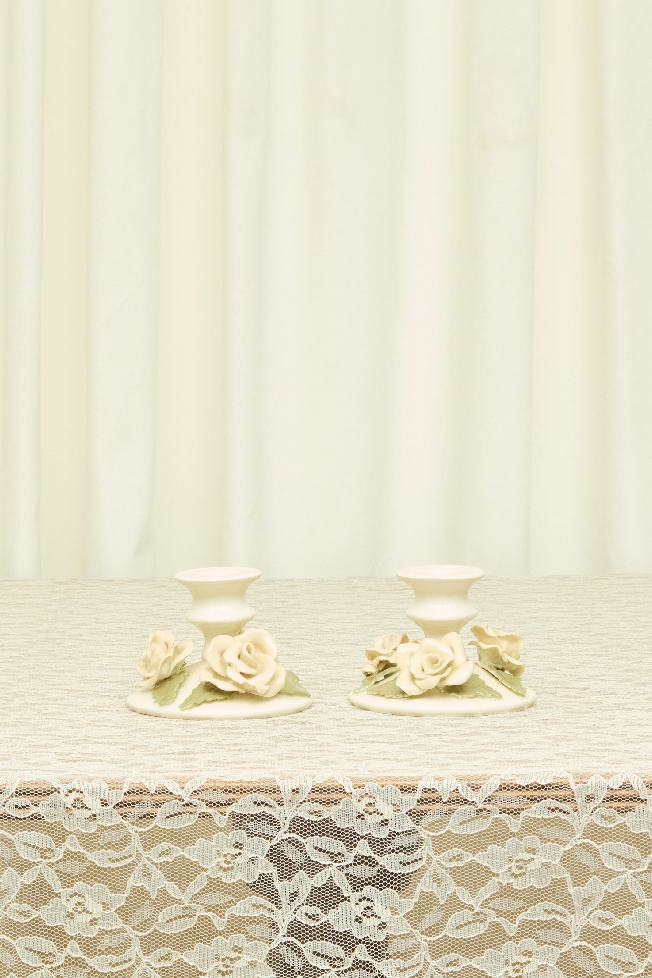 Vintage Porcelain Rose Candle Holder Set/2